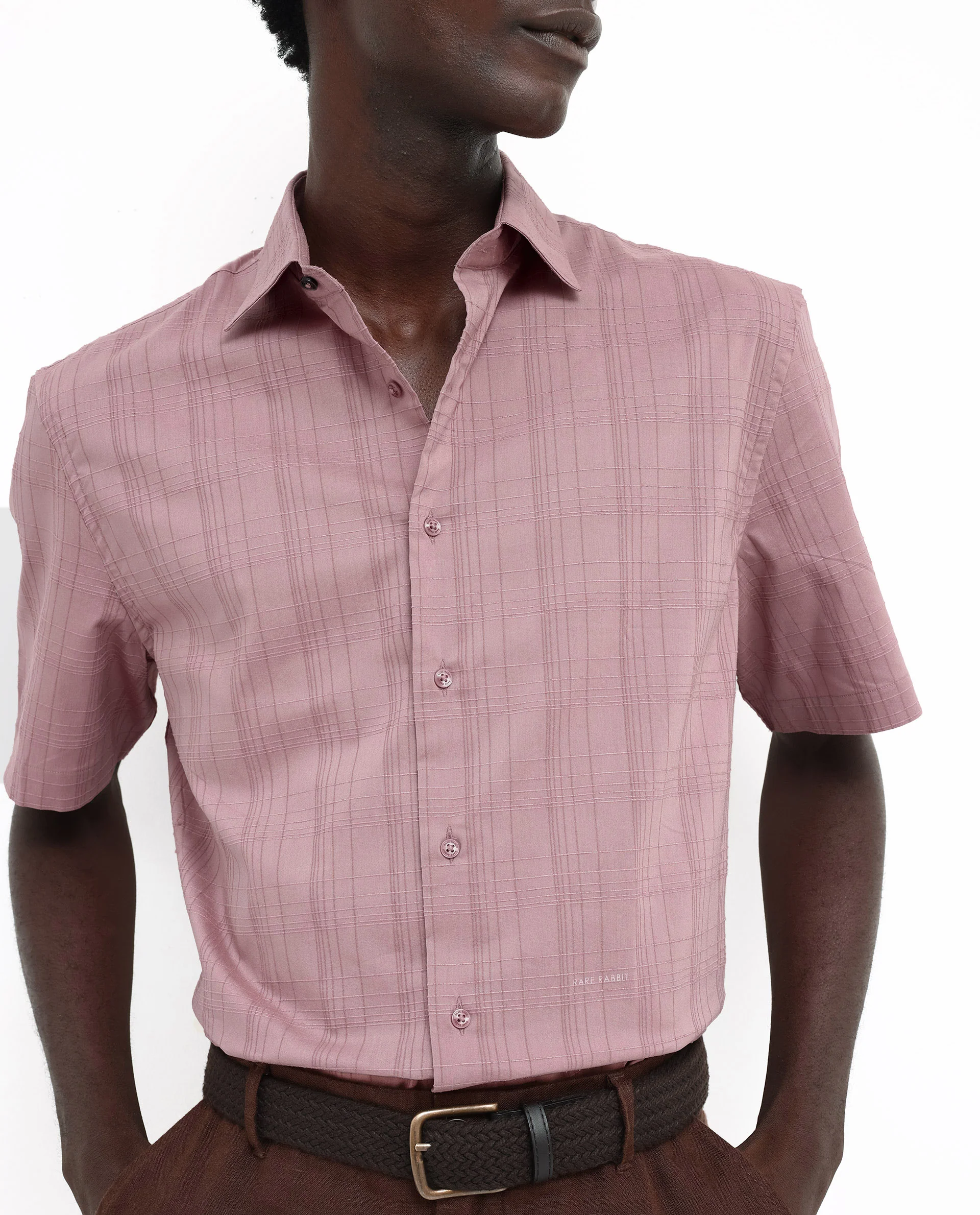 Rare Rabbit Men's Pesca Dusky Pink Cotton Checked Print Regular Fit Half Sleeve Spread Collar Shirt - Image 4