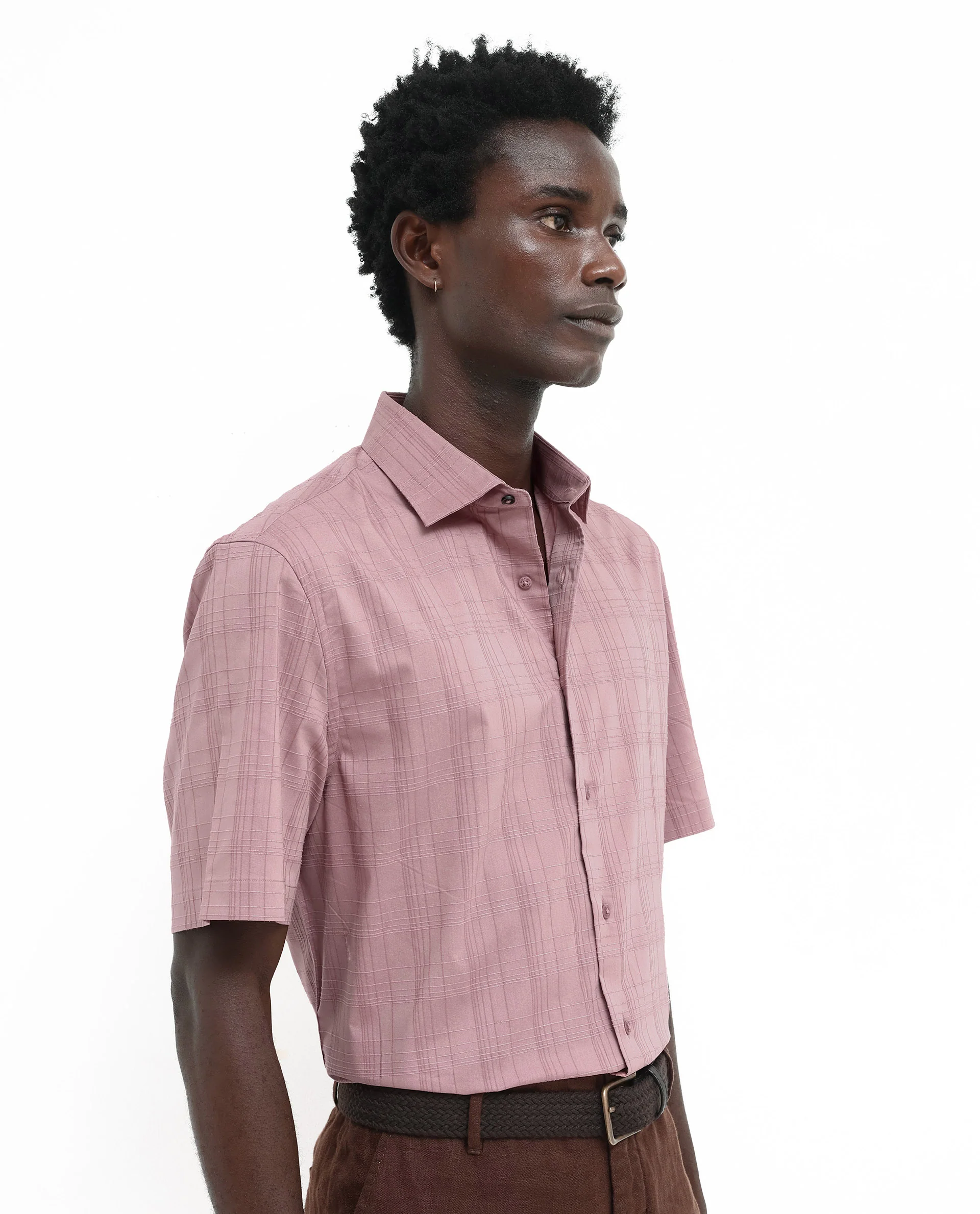 Rare Rabbit Men's Pesca Dusky Pink Cotton Checked Print Regular Fit Half Sleeve Spread Collar Shirt - Image 6