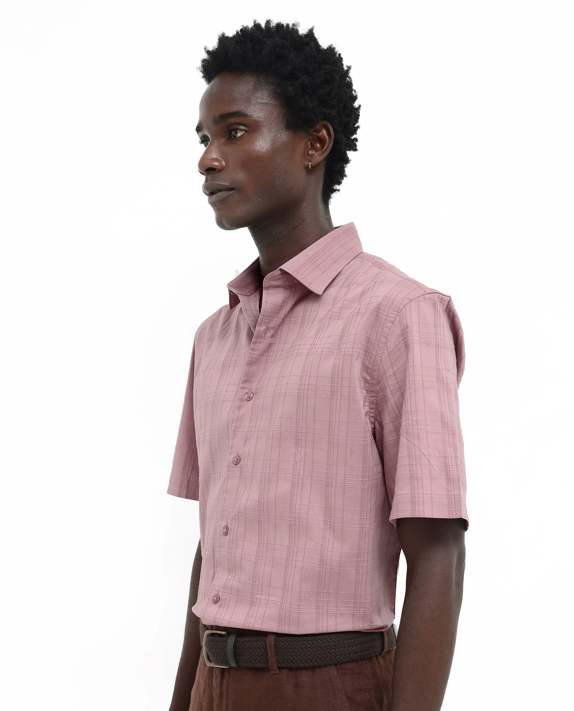 Rare Rabbit Men's Pesca Dusky Pink Cotton Checked Print Regular Fit Half Sleeve Spread Collar Shirt - Image 7