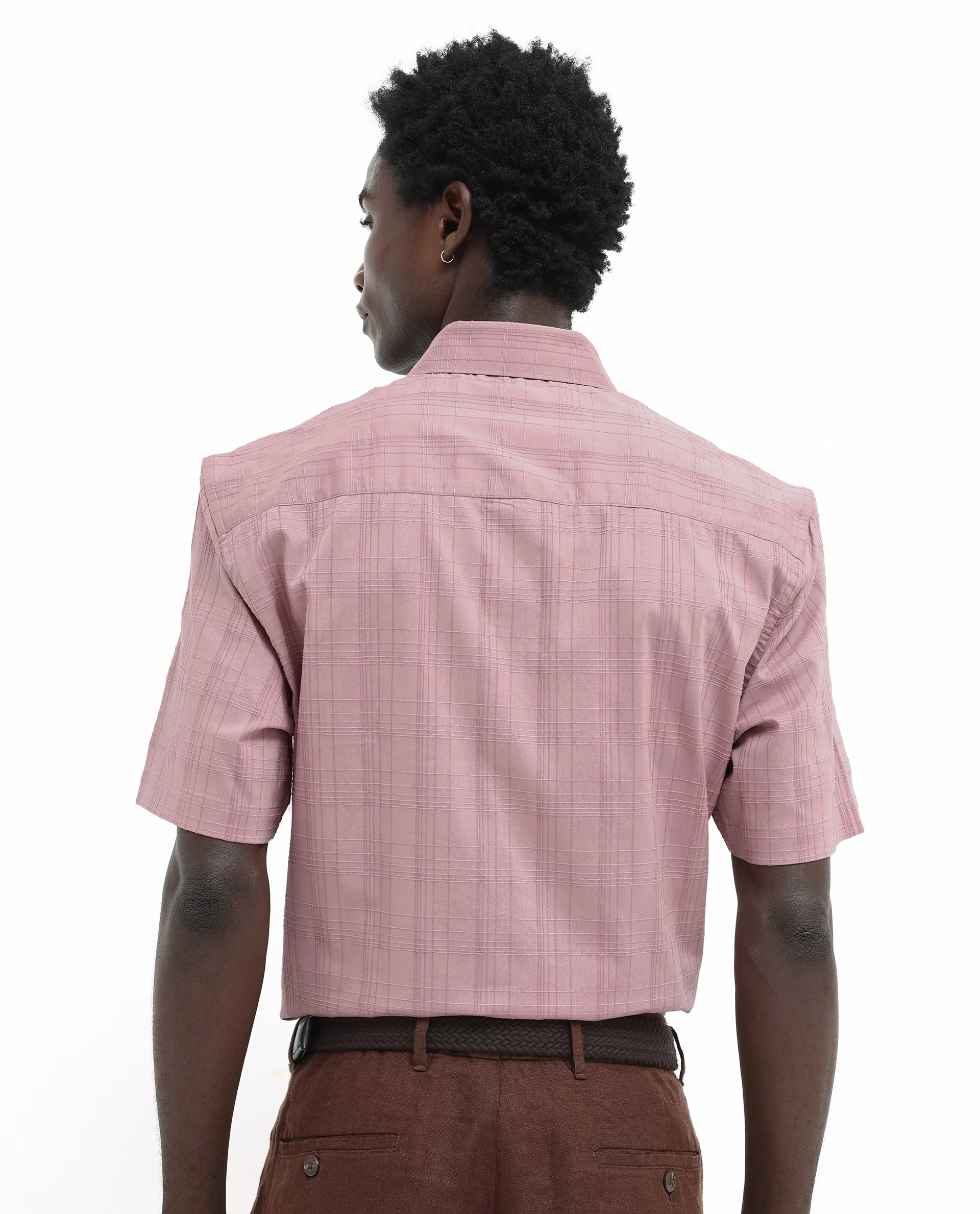 Rare Rabbit Men's Pesca Dusky Pink Cotton Checked Print Regular Fit Half Sleeve Spread Collar Shirt - Image 8