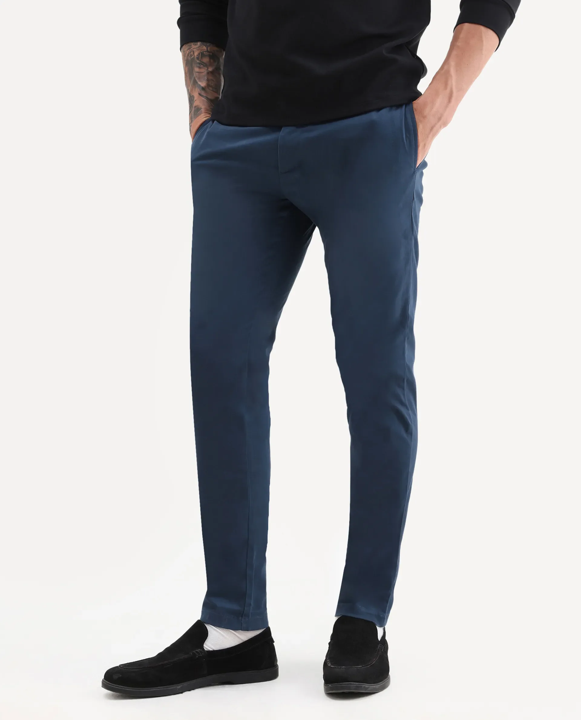 Rare Rabbit Men's Pesto Dark Blue Cotton Plain Regular Fit Trouser - Image 2