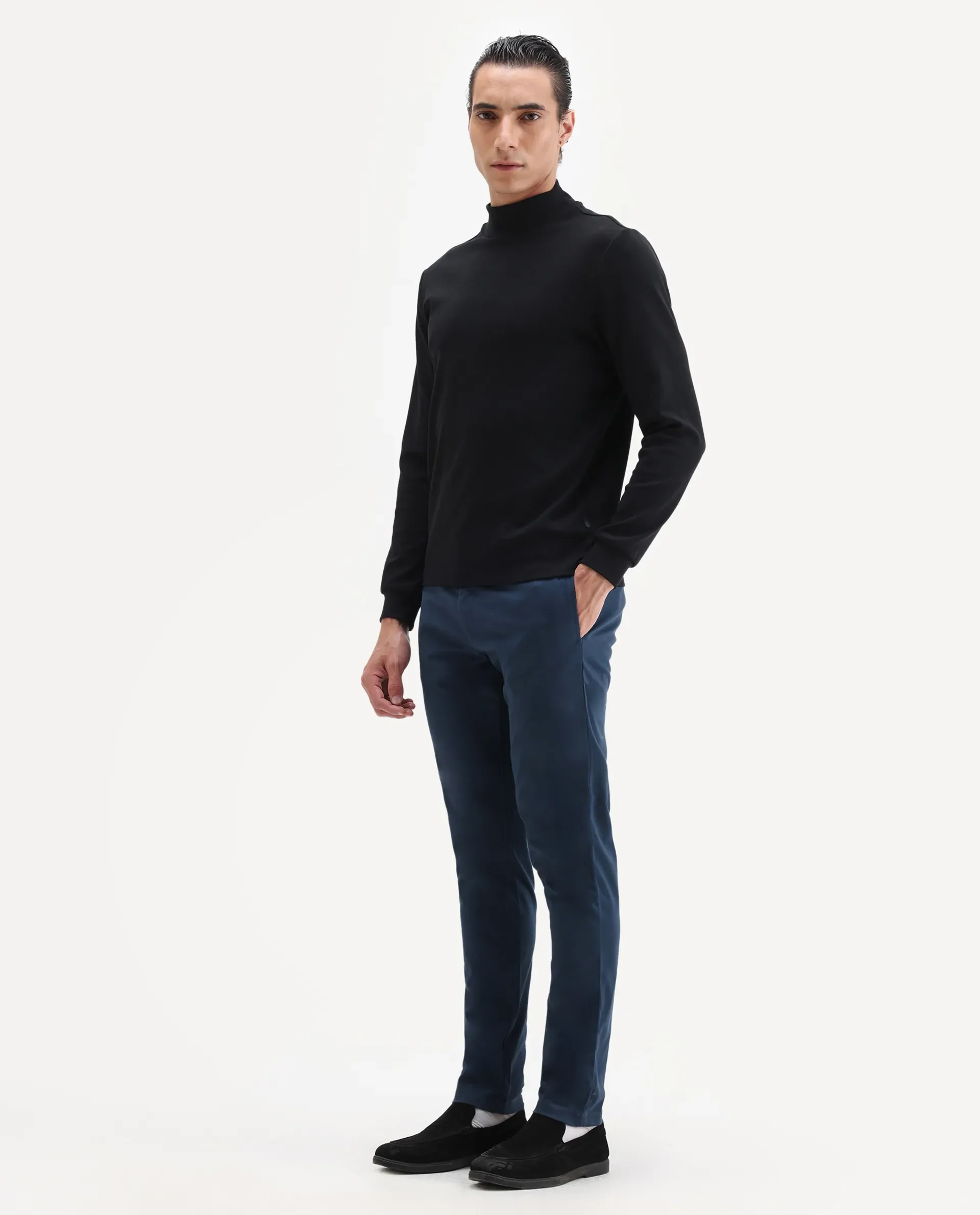 Rare Rabbit Men's Pesto Dark Blue Cotton Plain Regular Fit Trouser - Image 4