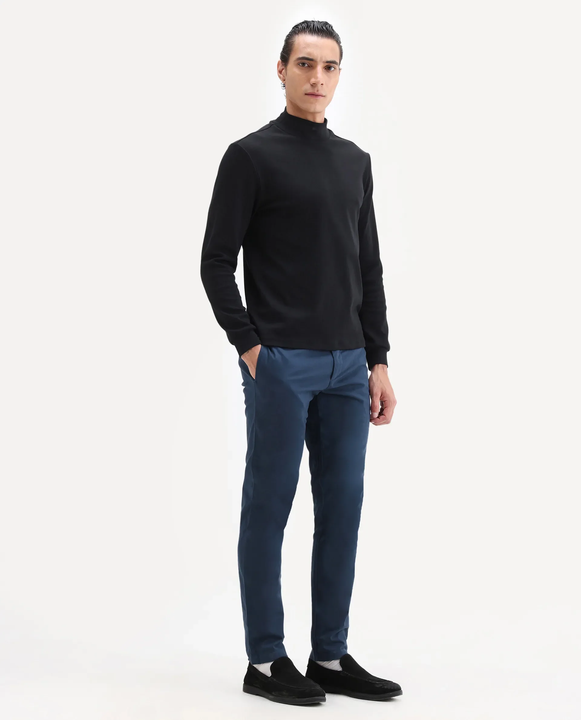 Rare Rabbit Men's Pesto Dark Blue Cotton Plain Regular Fit Trouser - Image 5