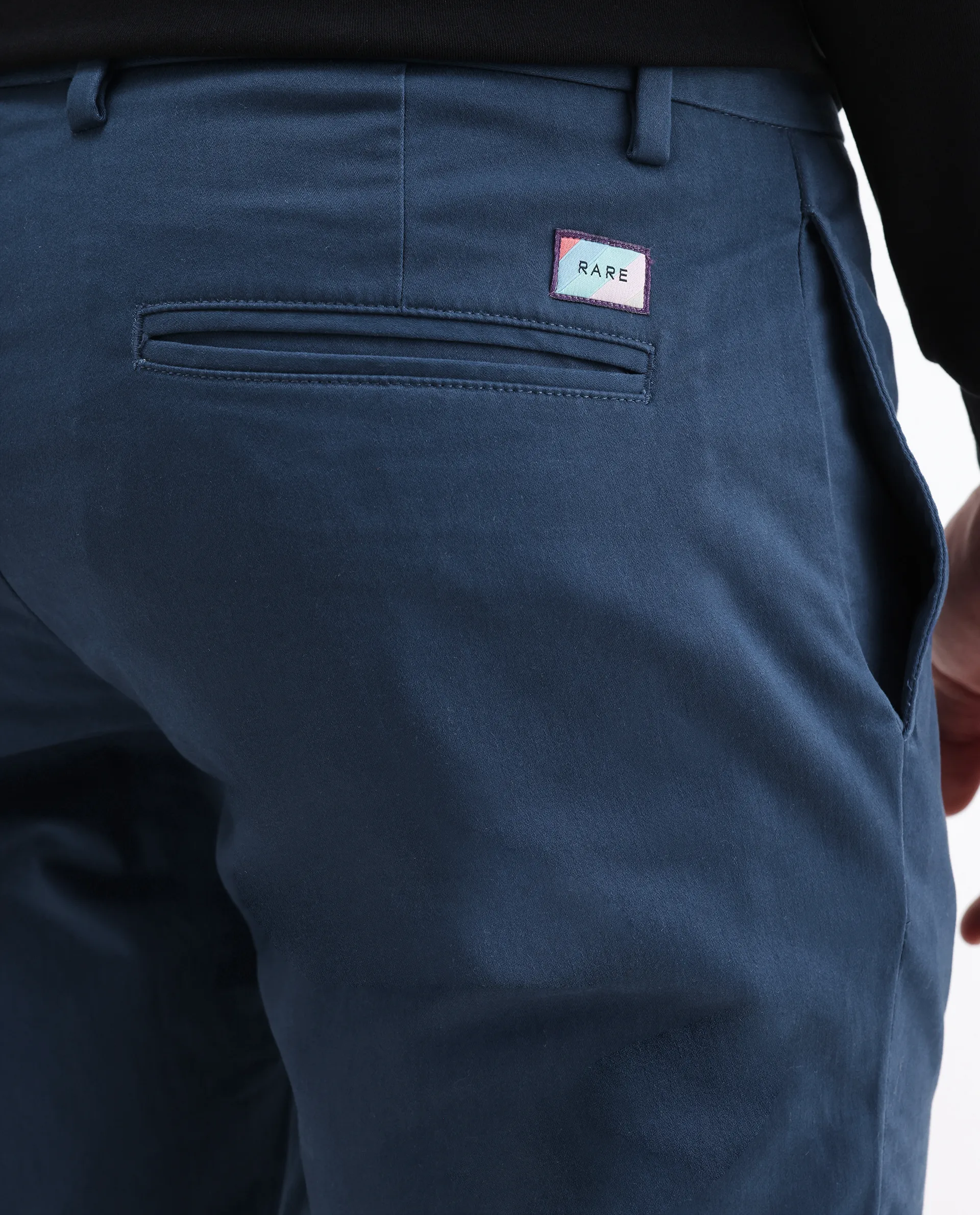 Rare Rabbit Men's Pesto Dark Blue Cotton Plain Regular Fit Trouser - Image 6
