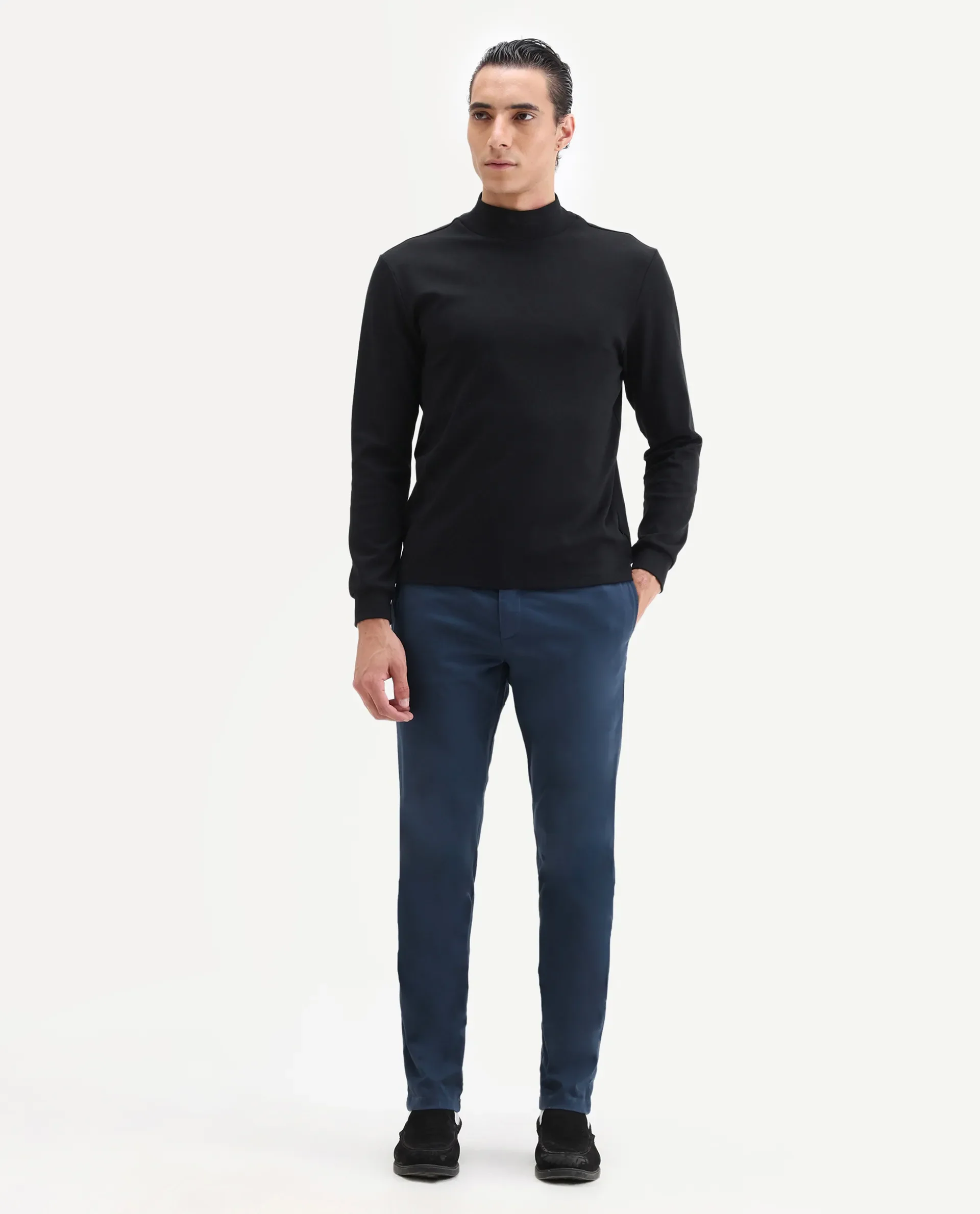 Rare Rabbit Men's Pesto Dark Blue Cotton Plain Regular Fit Trouser - Image 7