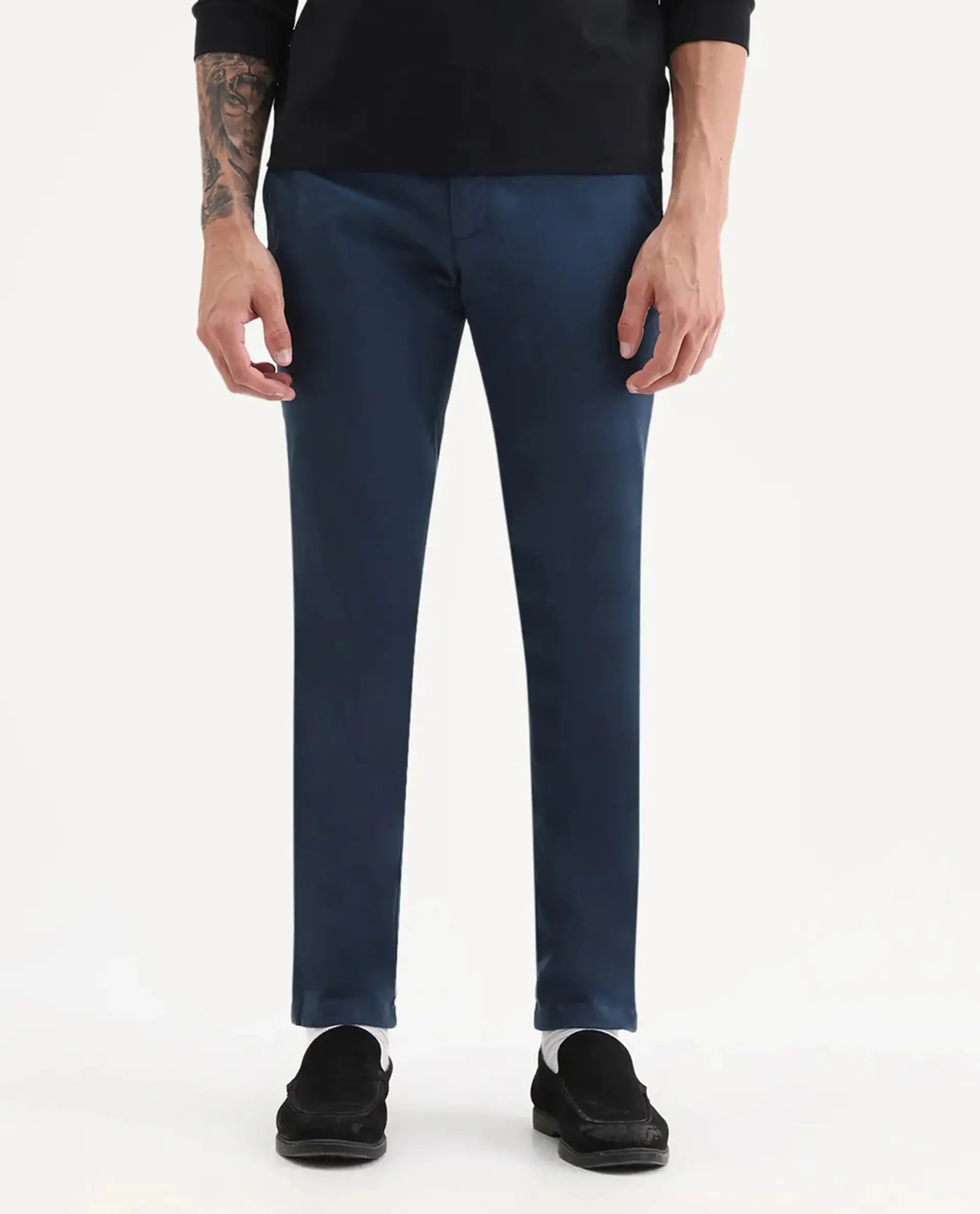 Rare Rabbit Men's Pesto Dark Blue Cotton Plain Regular Fit Trouser - Image 9