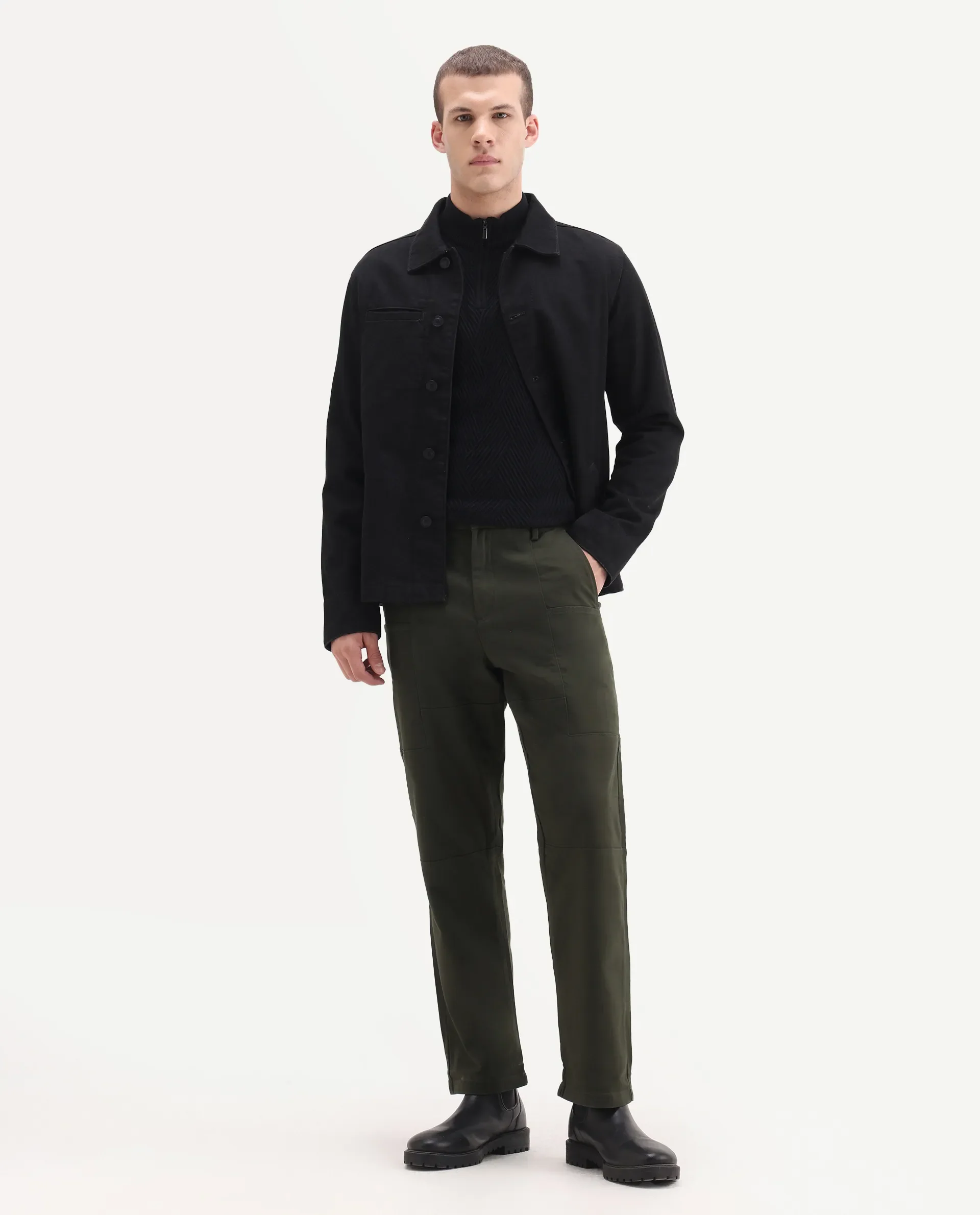 Rare Rabbit Men's Pesto Dark Olive Cotton Blend Plain Regular Fit Trouser