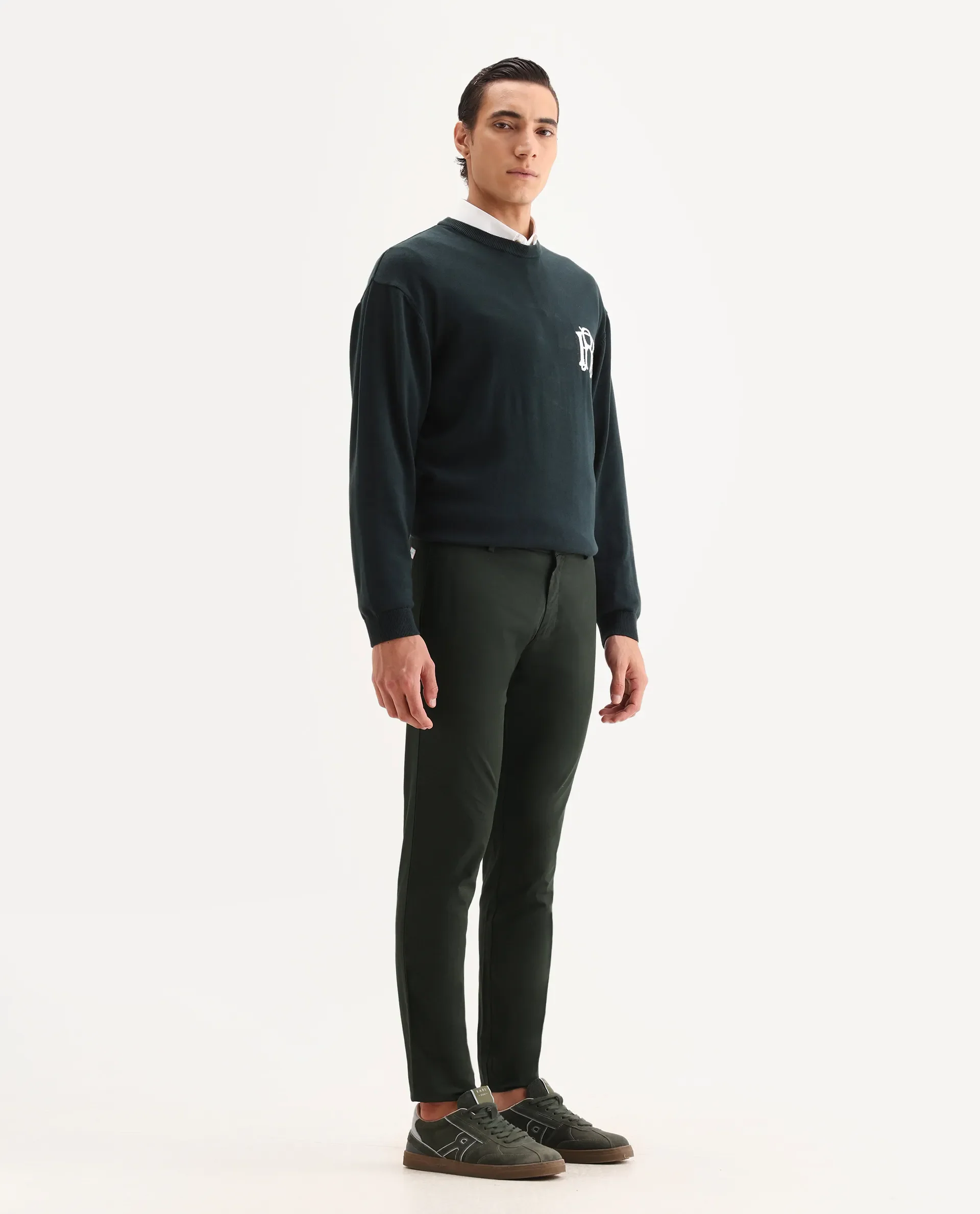 Rare Rabbit Men's Pesto Dark Olive Cotton Blend Plain Regular Fit Trouser - Image 10