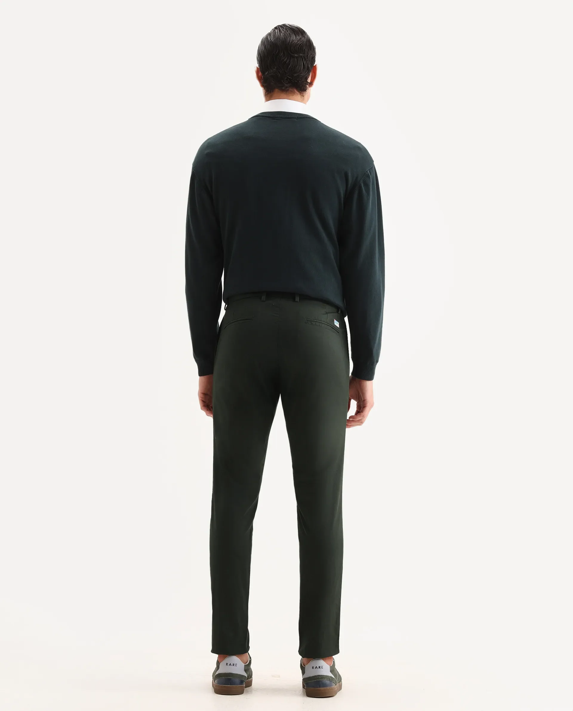 Rare Rabbit Men's Pesto Dark Olive Cotton Blend Plain Regular Fit Trouser - Image 11