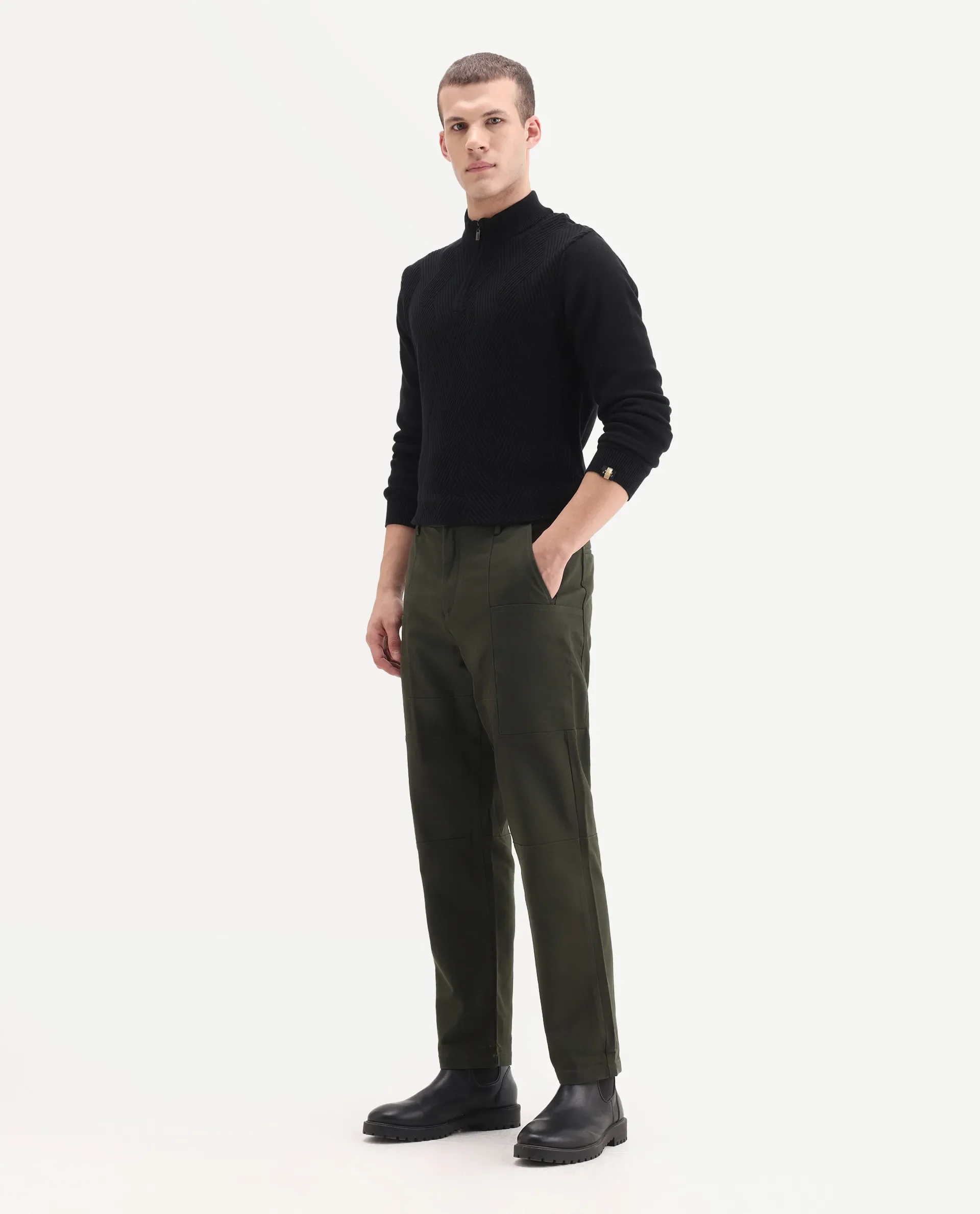 Rare Rabbit Men's Pesto Dark Olive Cotton Blend Plain Regular Fit Trouser - Image 12