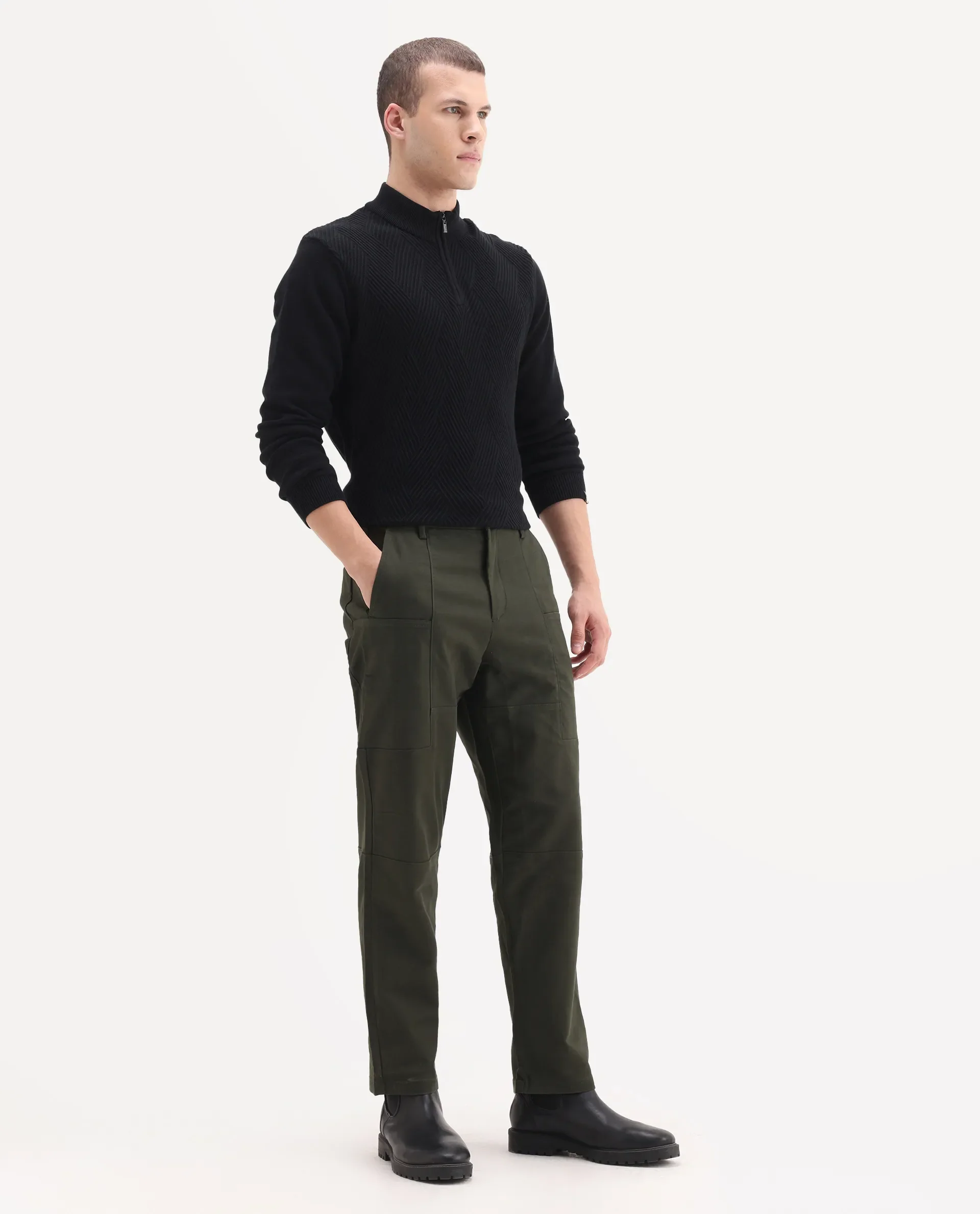 Rare Rabbit Men's Pesto Dark Olive Cotton Blend Plain Regular Fit Trouser - Image 13