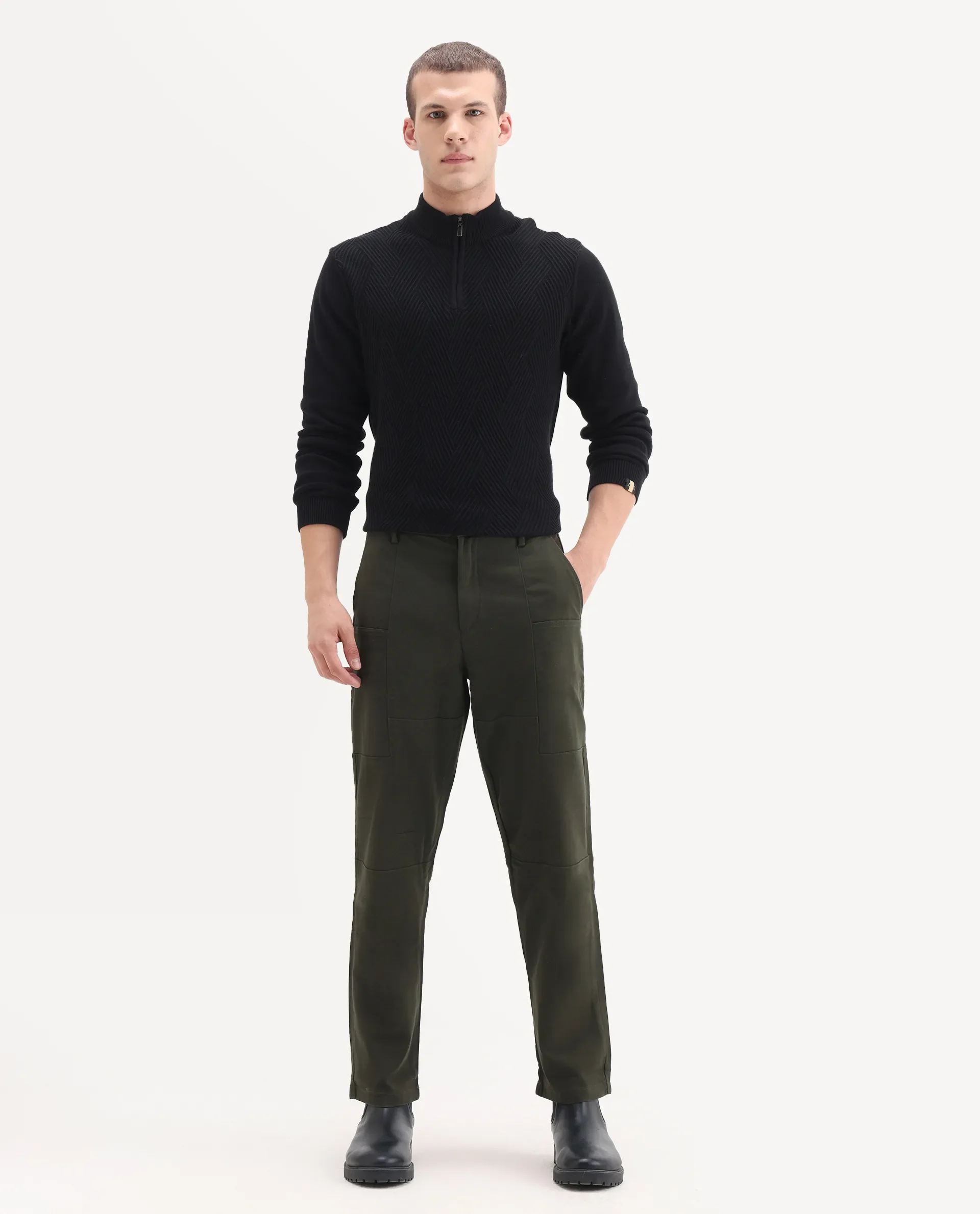 Rare Rabbit Men's Pesto Dark Olive Cotton Blend Plain Regular Fit Trouser - Image 15