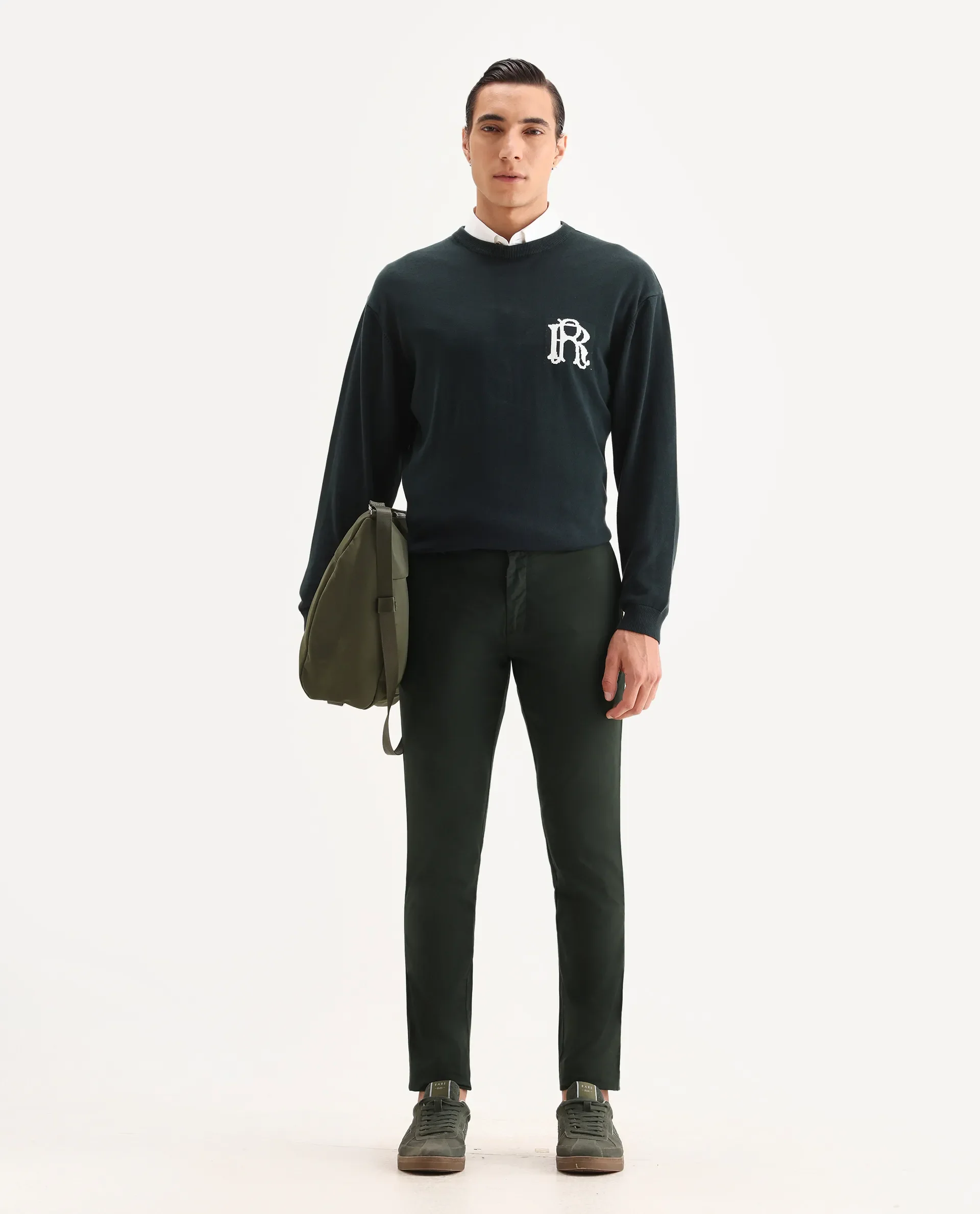 Rare Rabbit Men's Pesto Dark Olive Cotton Blend Plain Regular Fit Trouser - Image 4