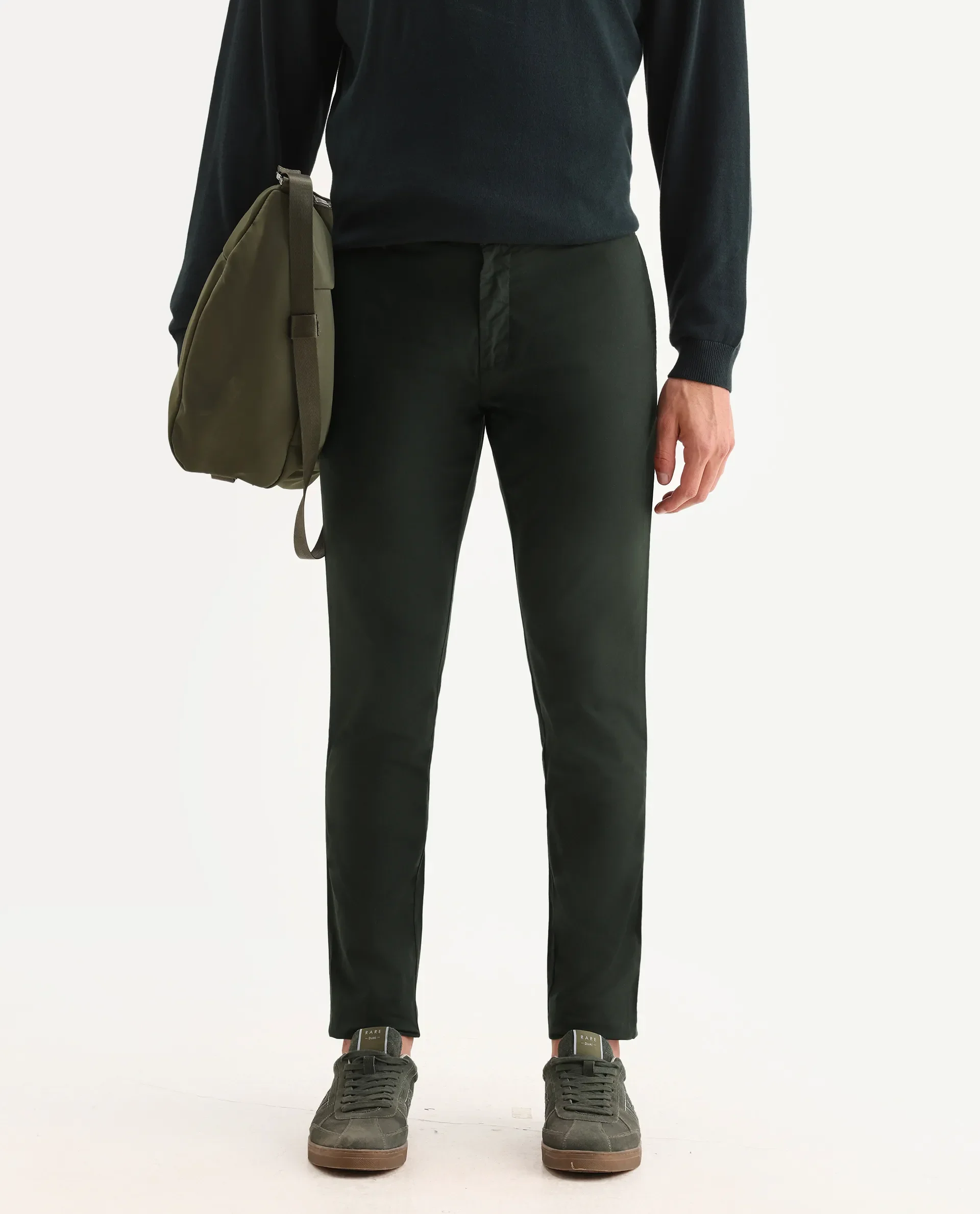 Rare Rabbit Men's Pesto Dark Olive Cotton Blend Plain Regular Fit Trouser - Image 5