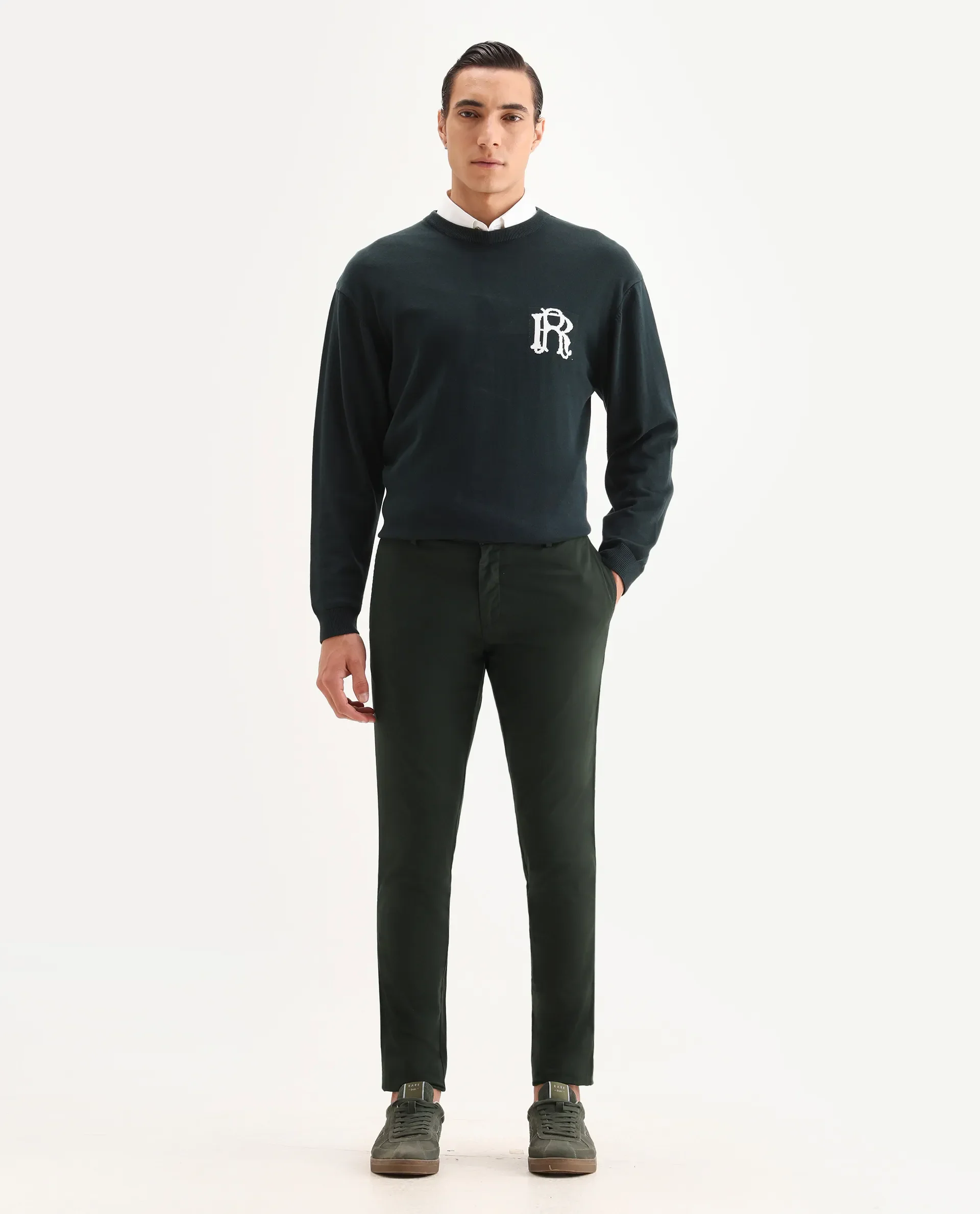 Rare Rabbit Men's Pesto Dark Olive Cotton Blend Plain Regular Fit Trouser - Image 7
