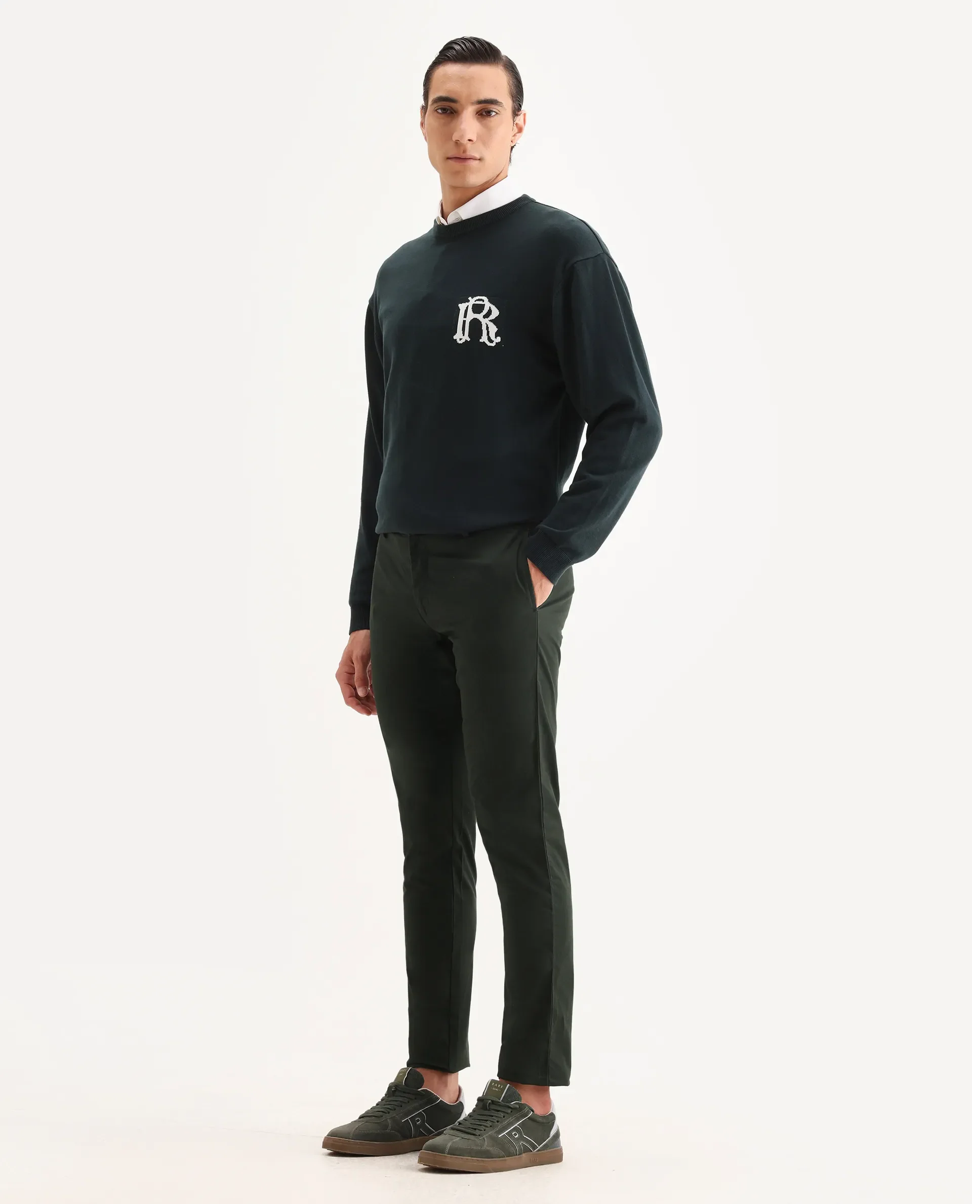 Rare Rabbit Men's Pesto Dark Olive Cotton Blend Plain Regular Fit Trouser - Image 8
