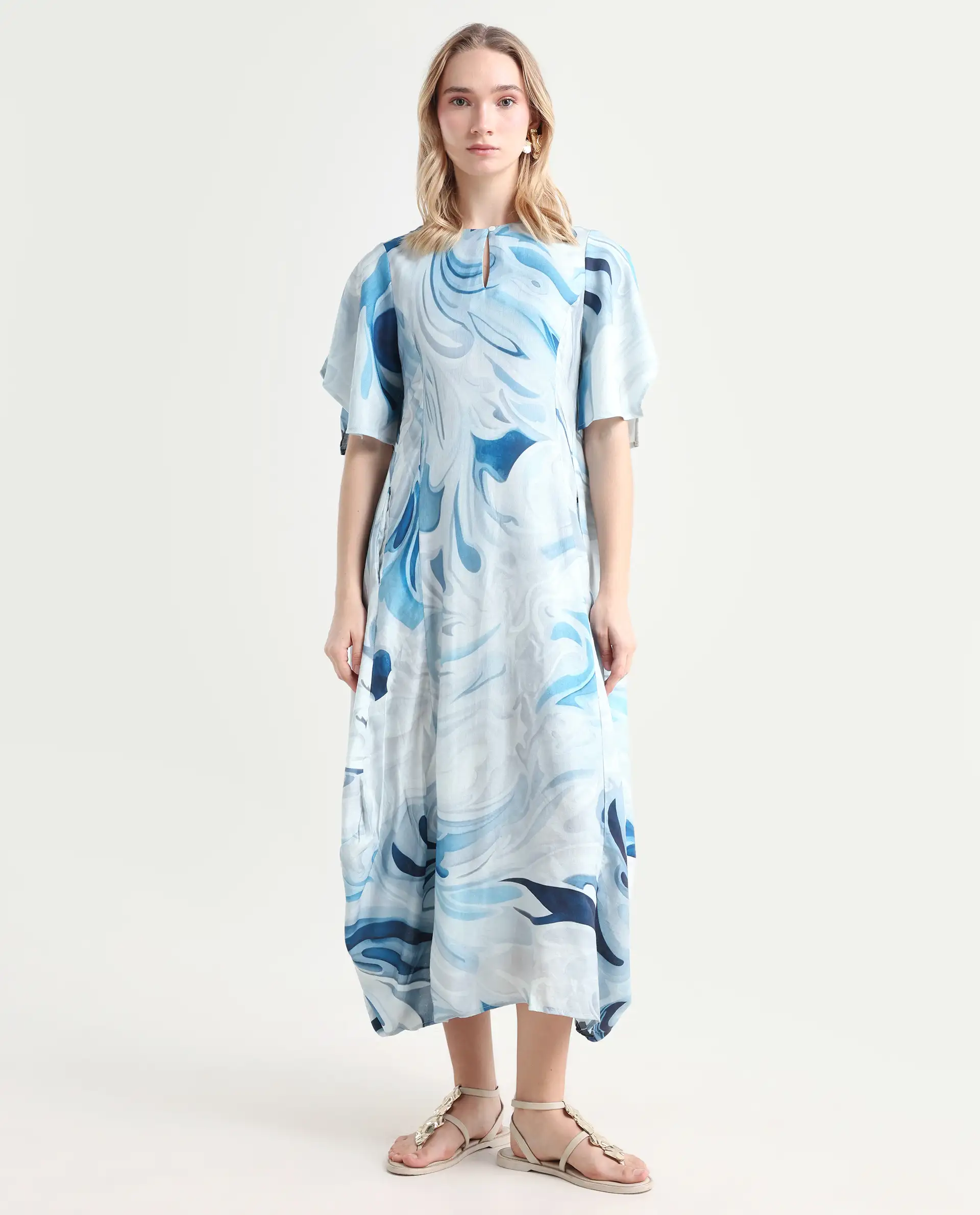 Rareism Women's Pesto Light Blue Viscose Blend V-Neck Abstract Print Midi Balloon Dress - Image 2