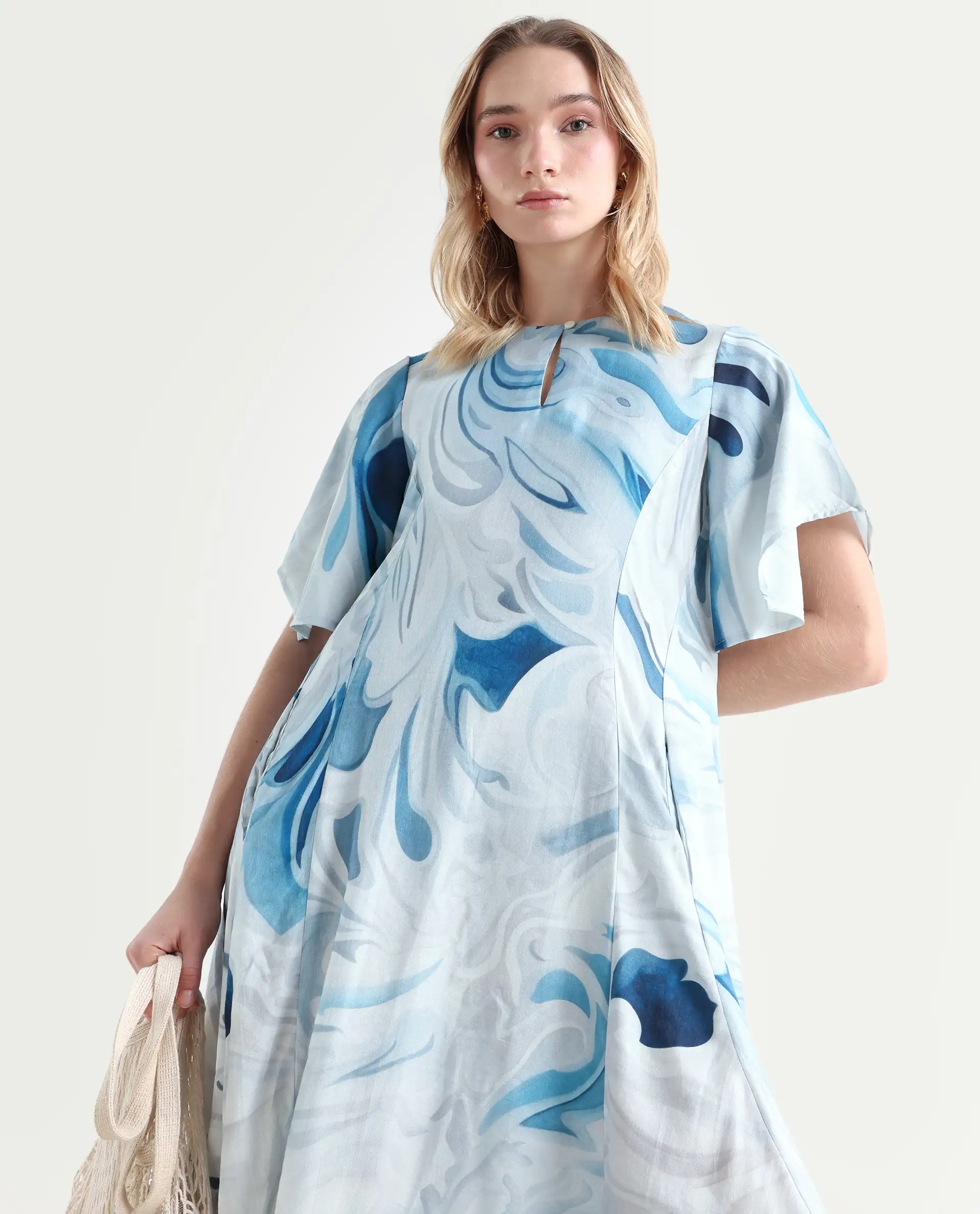 Rareism Women's Pesto Light Blue Viscose Blend V-Neck Abstract Print Midi Balloon Dress - Image 3
