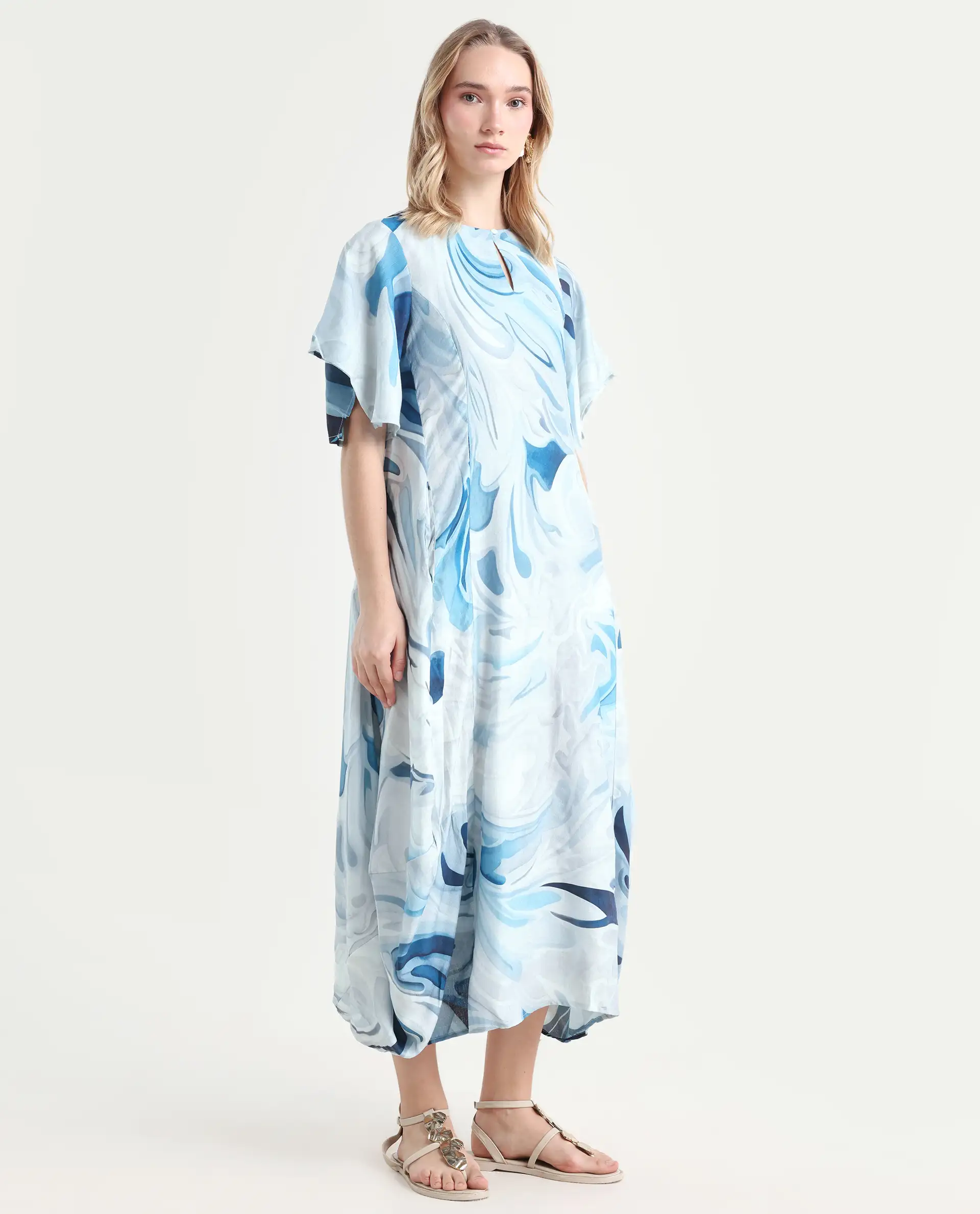 Rareism Women's Pesto Light Blue Viscose Blend V-Neck Abstract Print Midi Balloon Dress - Image 5