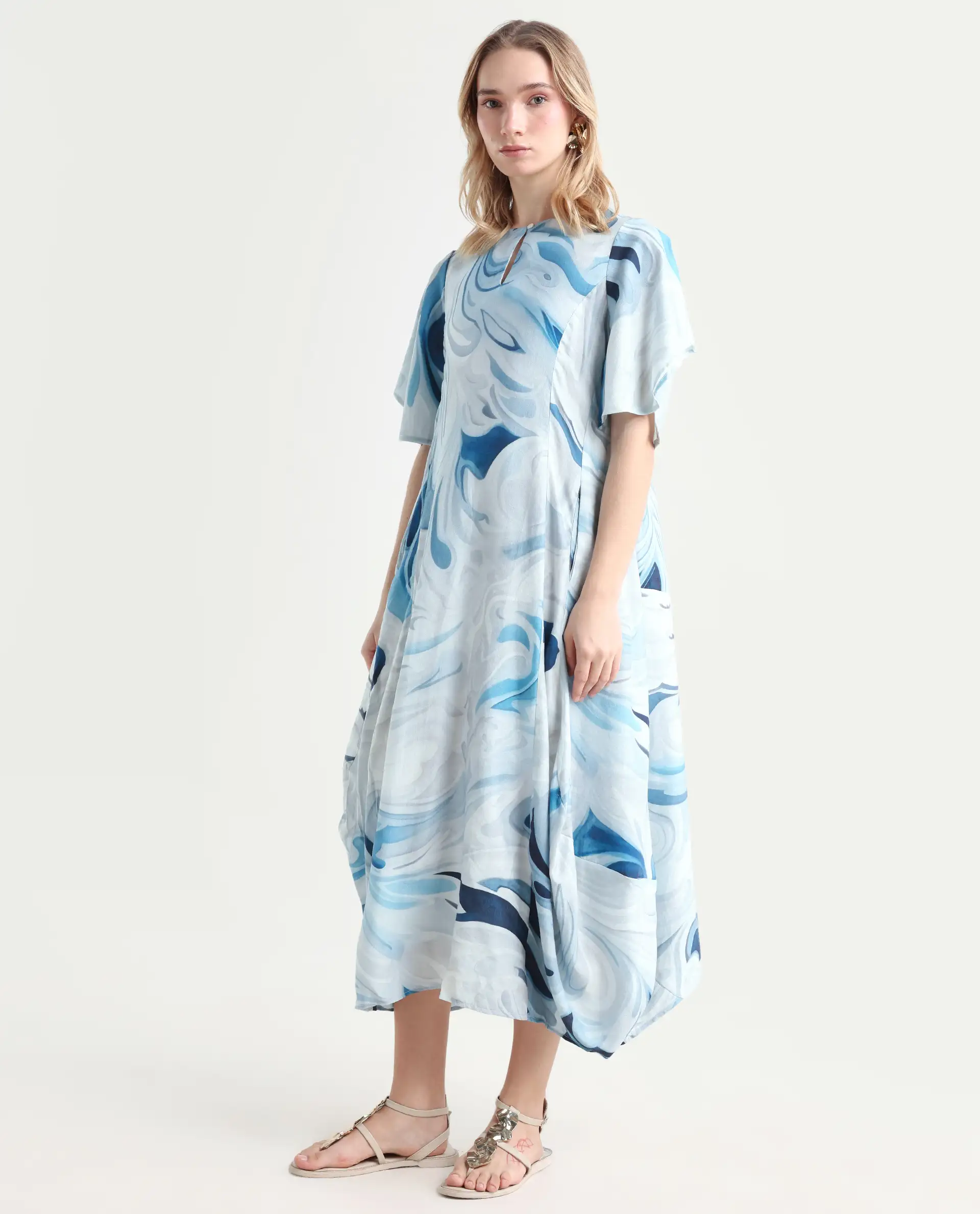 Rareism Women's Pesto Light Blue Viscose Blend V-Neck Abstract Print Midi Balloon Dress - Image 6