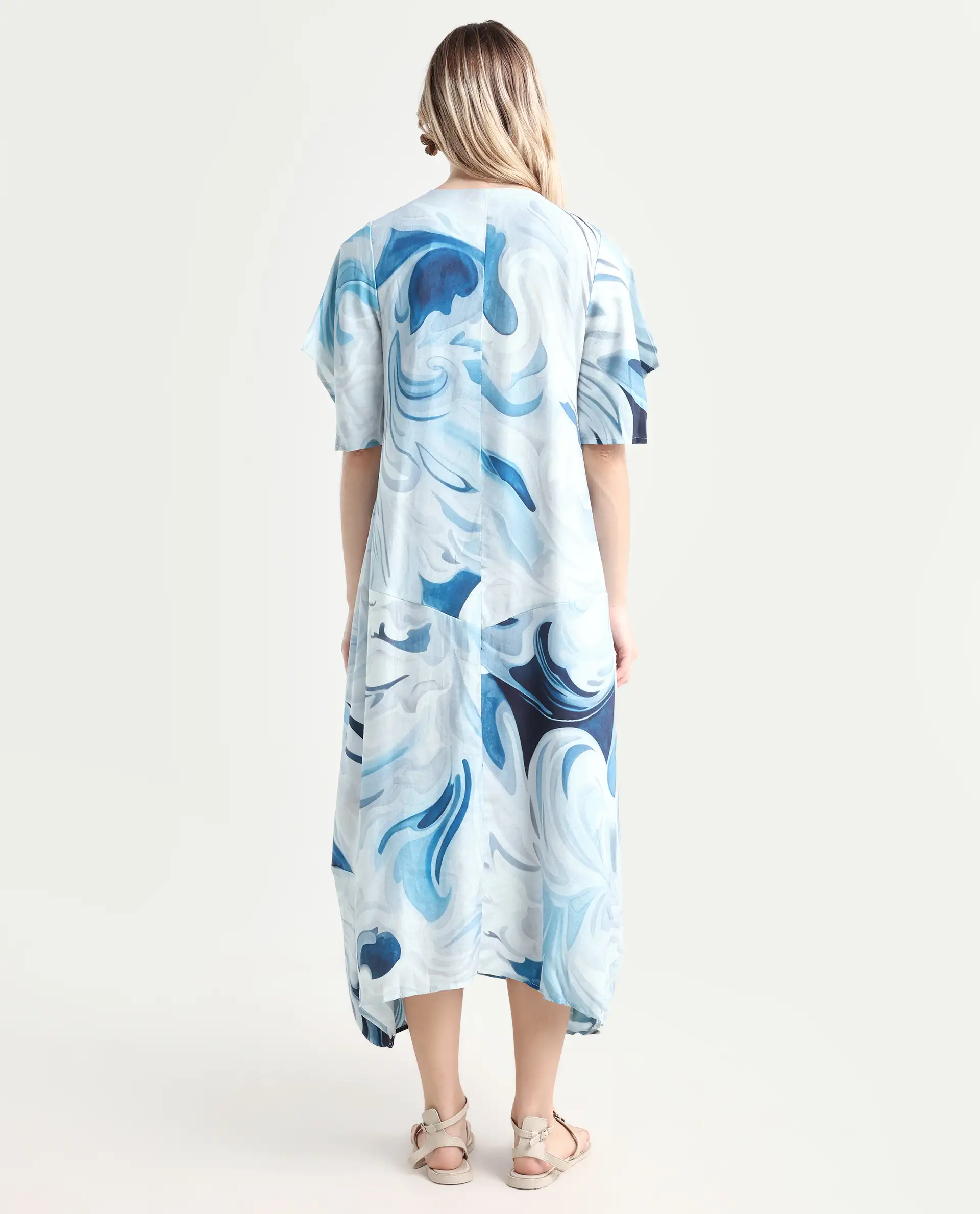 Rareism Women's Pesto Light Blue Viscose Blend V-Neck Abstract Print Midi Balloon Dress - Image 7