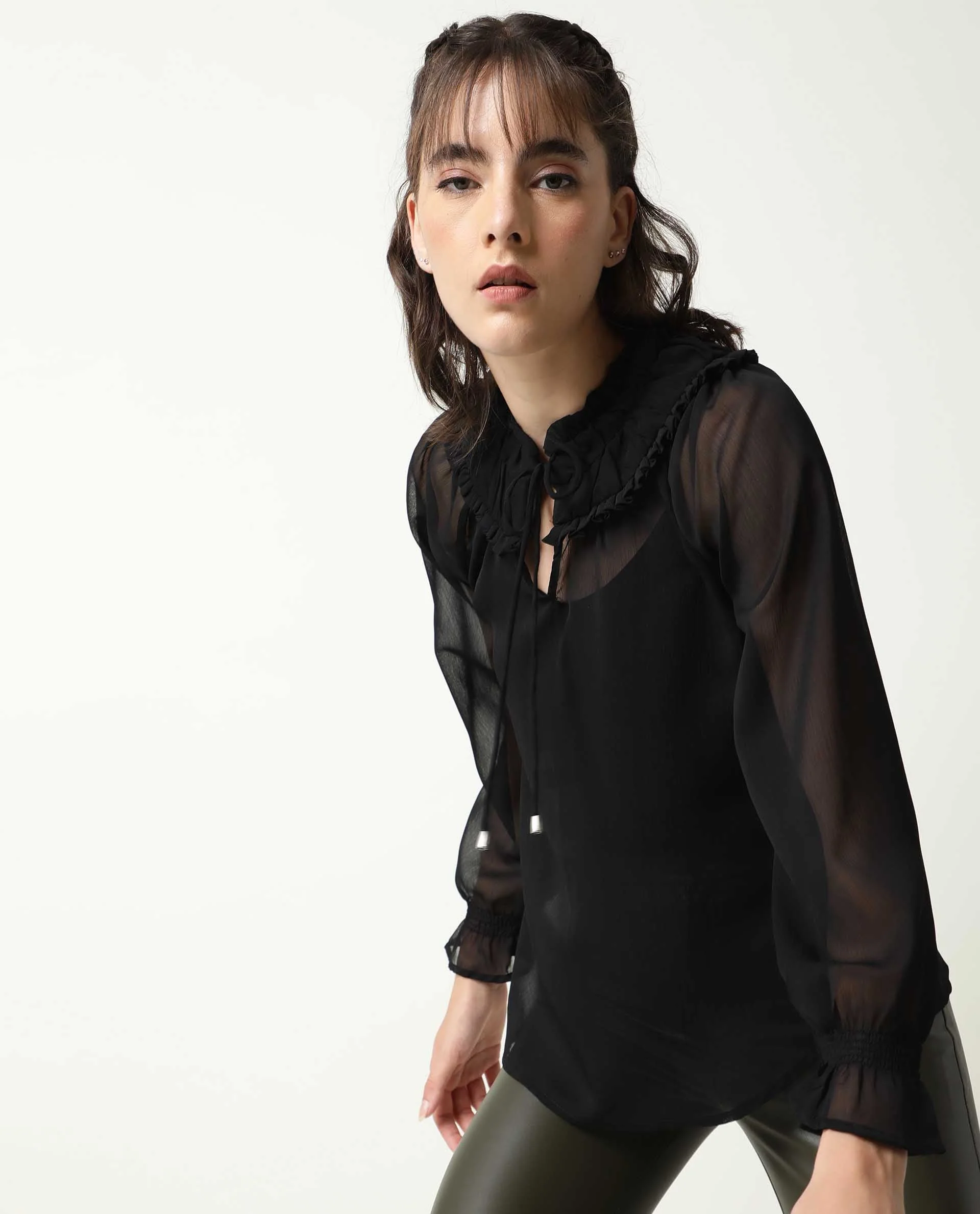 Rareism Women's Pesto Black Viscose Tie-Up Neck Plain Tailored Top