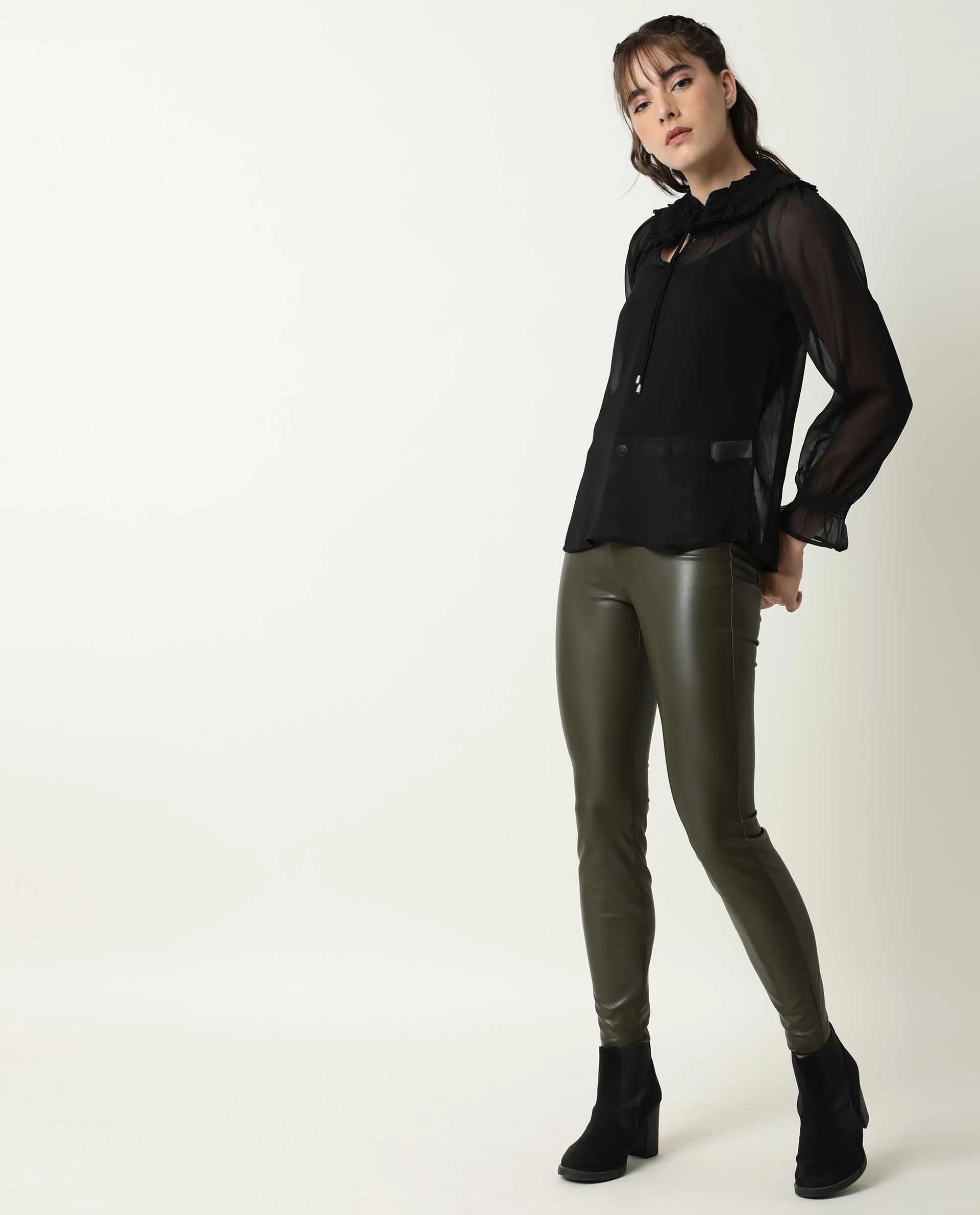 Rareism Women's Pesto Black Viscose Tie-Up Neck Plain Tailored Top - Image 10