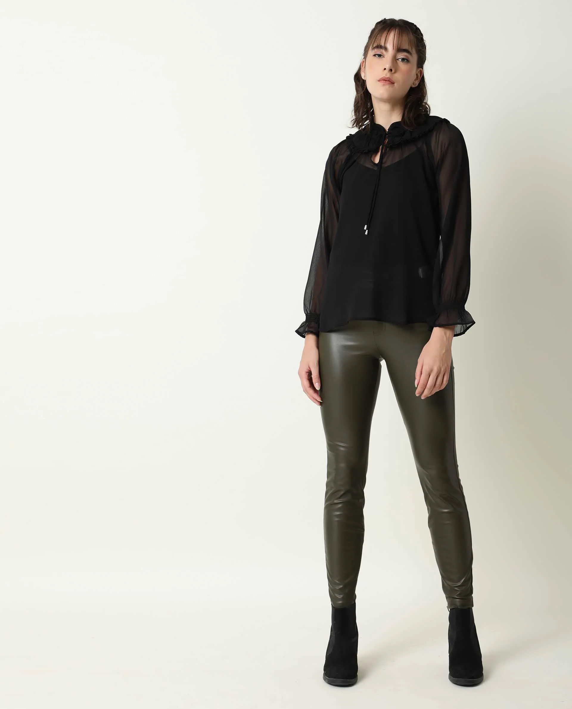Rareism Women's Pesto Black Viscose Tie-Up Neck Plain Tailored Top - Image 2
