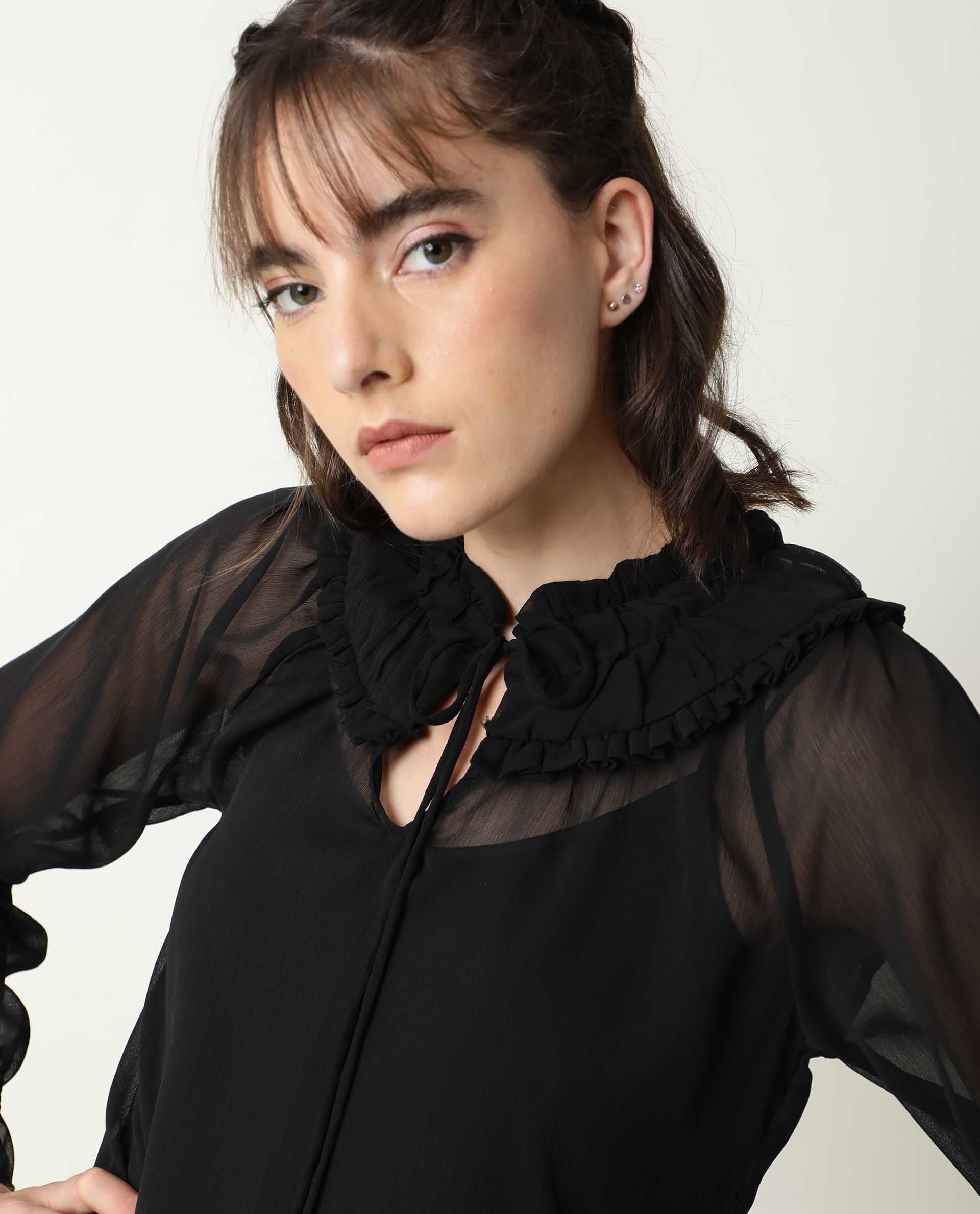 Rareism Women's Pesto Black Viscose Tie-Up Neck Plain Tailored Top - Image 3