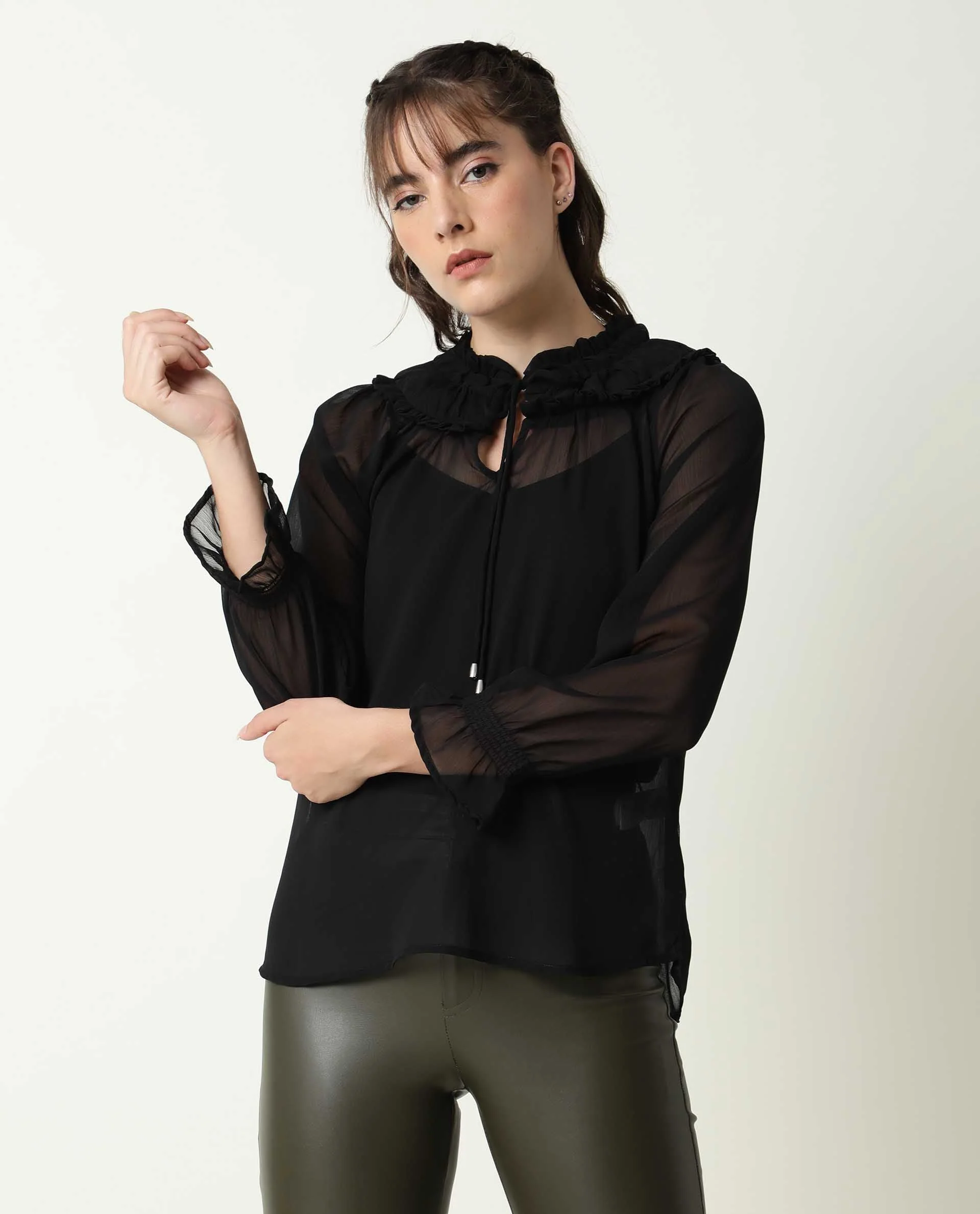 Rareism Women's Pesto Black Viscose Tie-Up Neck Plain Tailored Top - Image 4