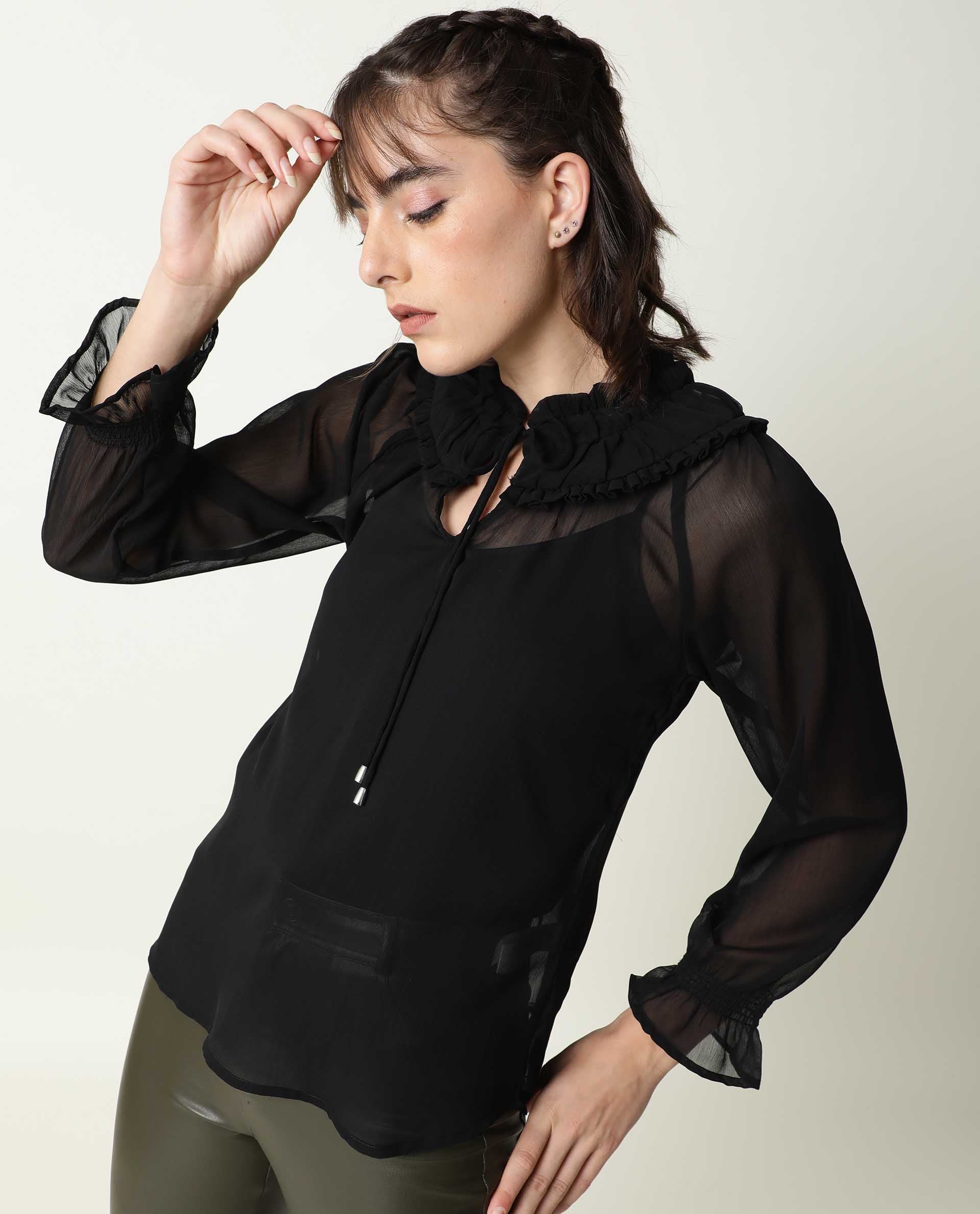 Rareism Women's Pesto Black Viscose Tie-Up Neck Plain Tailored Top - Image 5