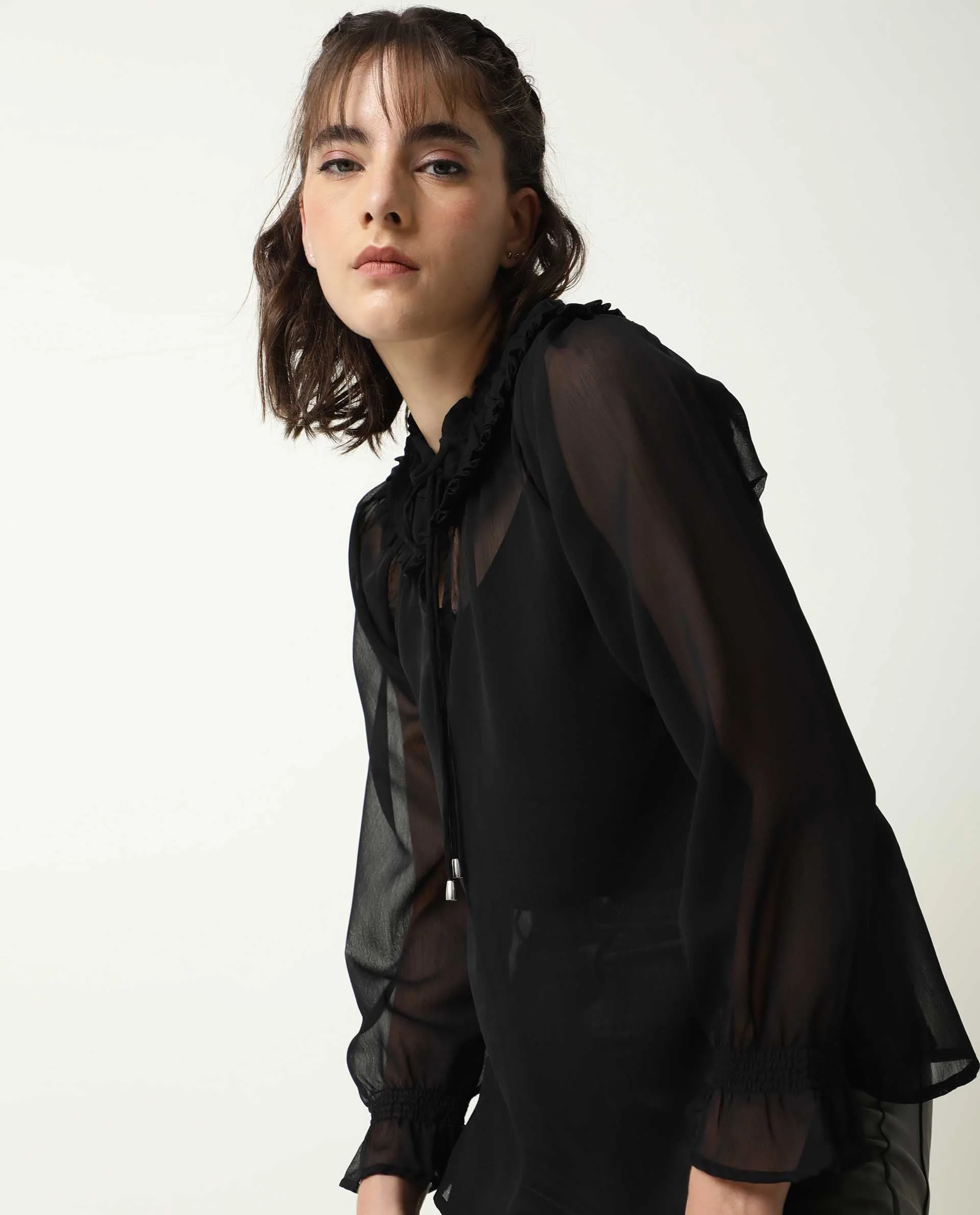 Rareism Women's Pesto Black Viscose Tie-Up Neck Plain Tailored Top - Image 6