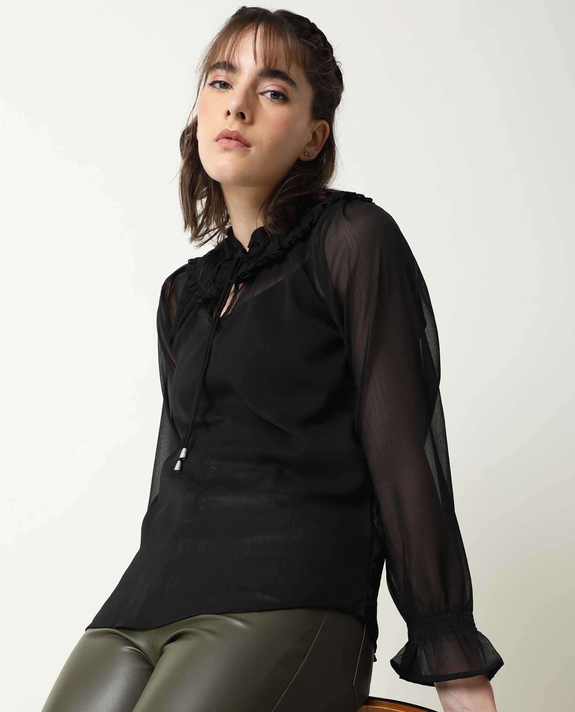 Rareism Women's Pesto Black Viscose Tie-Up Neck Plain Tailored Top - Image 7