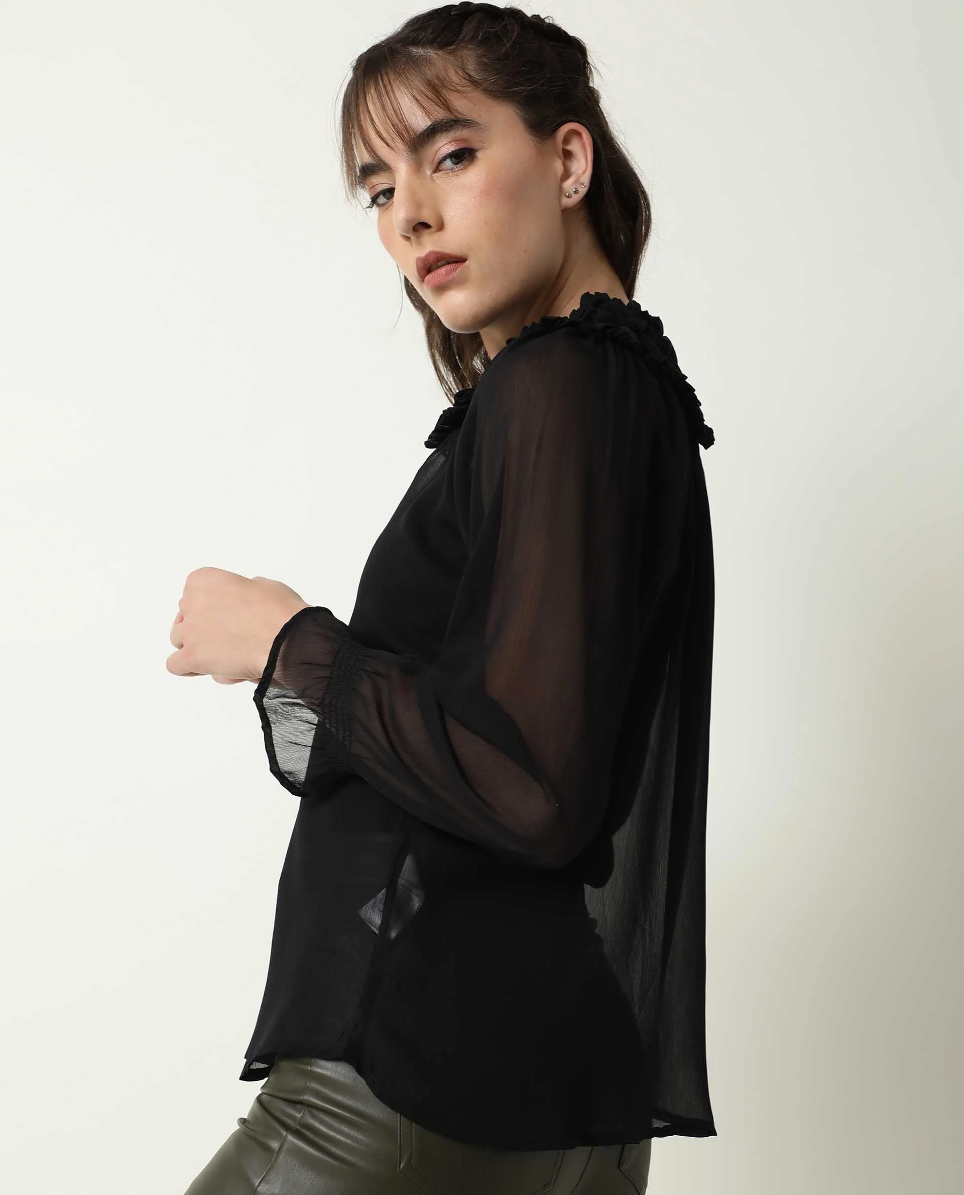 Rareism Women's Pesto Black Viscose Tie-Up Neck Plain Tailored Top - Image 8