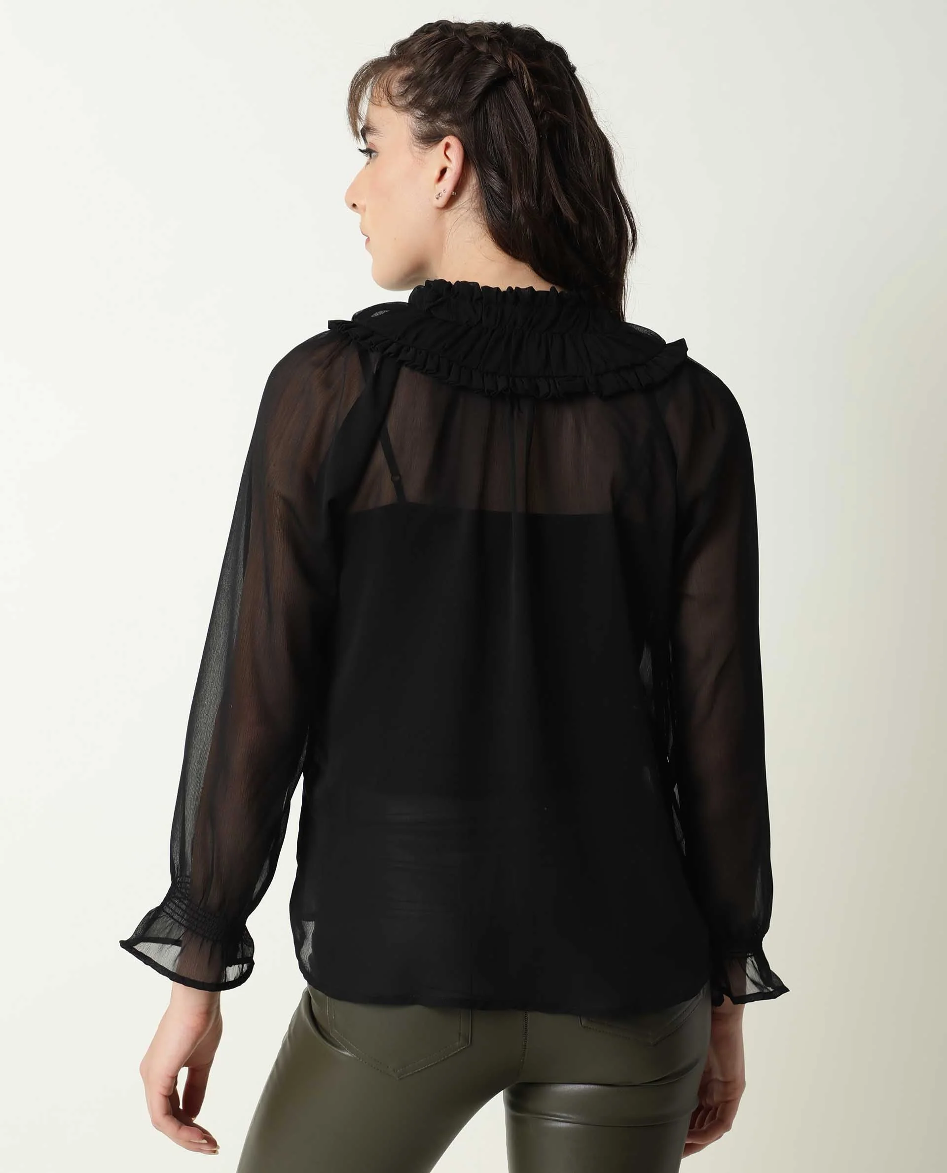 Rareism Women's Pesto Black Viscose Tie-Up Neck Plain Tailored Top - Image 9