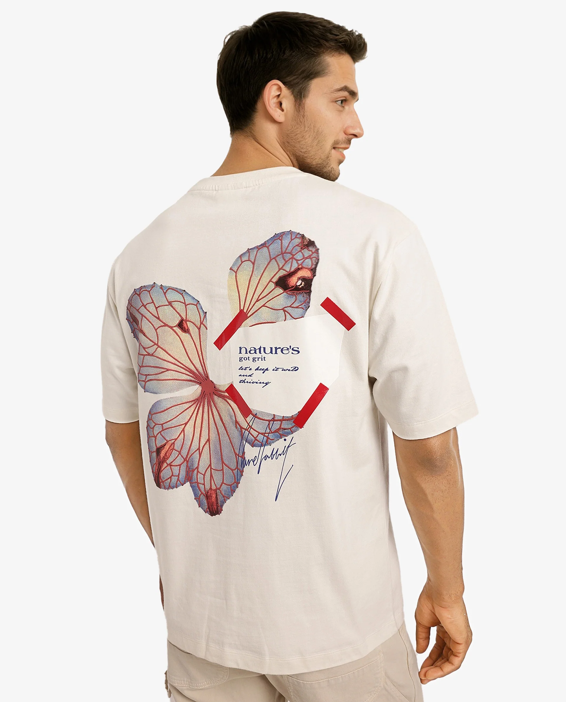 Rare Rabbit Men's Peta Off White Cotton Floral Print Oversized Fit Half Sleeve Crew Neck T-Shirt - Image 2
