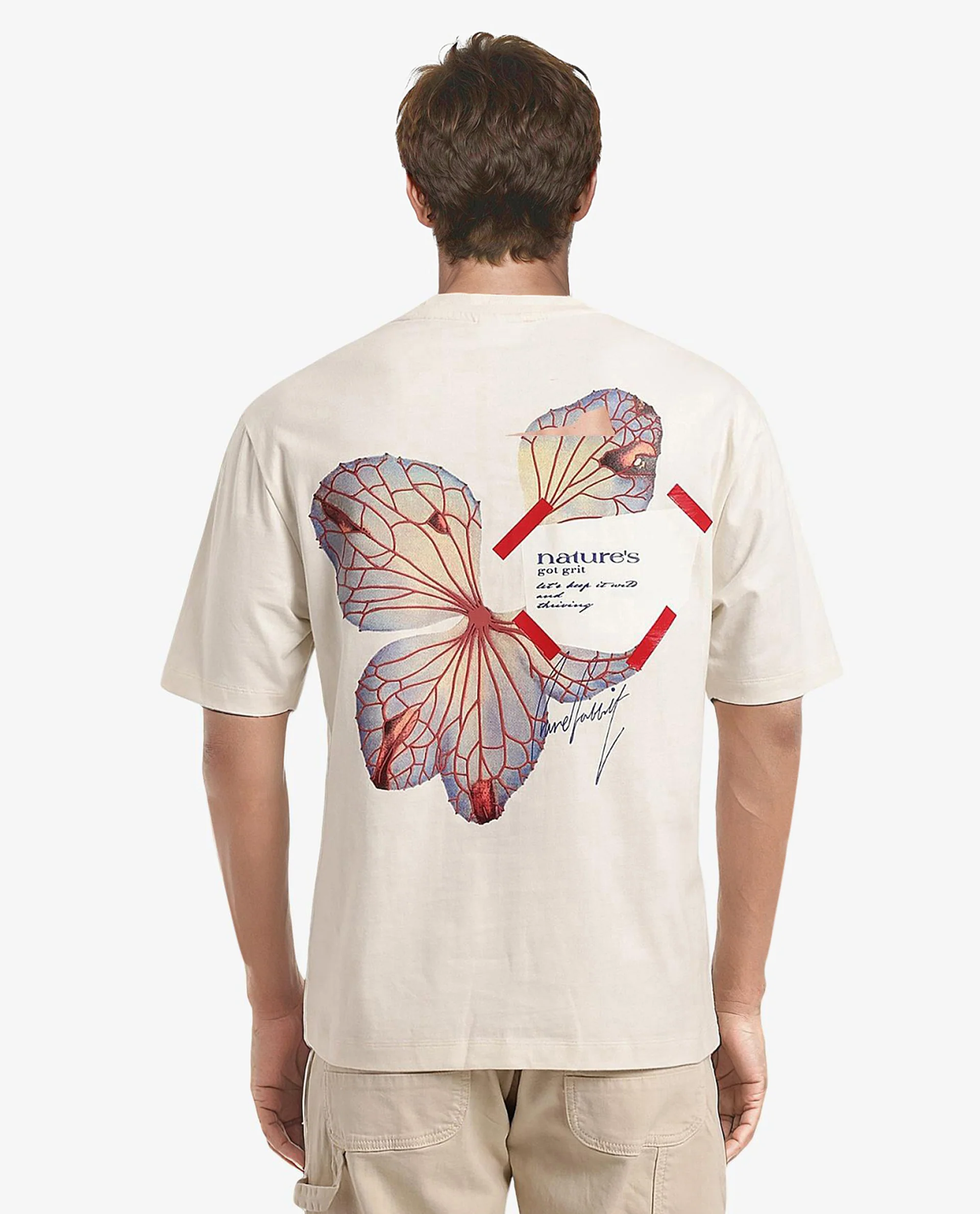 Rare Rabbit Men's Peta Off White Cotton Floral Print Oversized Fit Half Sleeve Crew Neck T-Shirt - Image 5