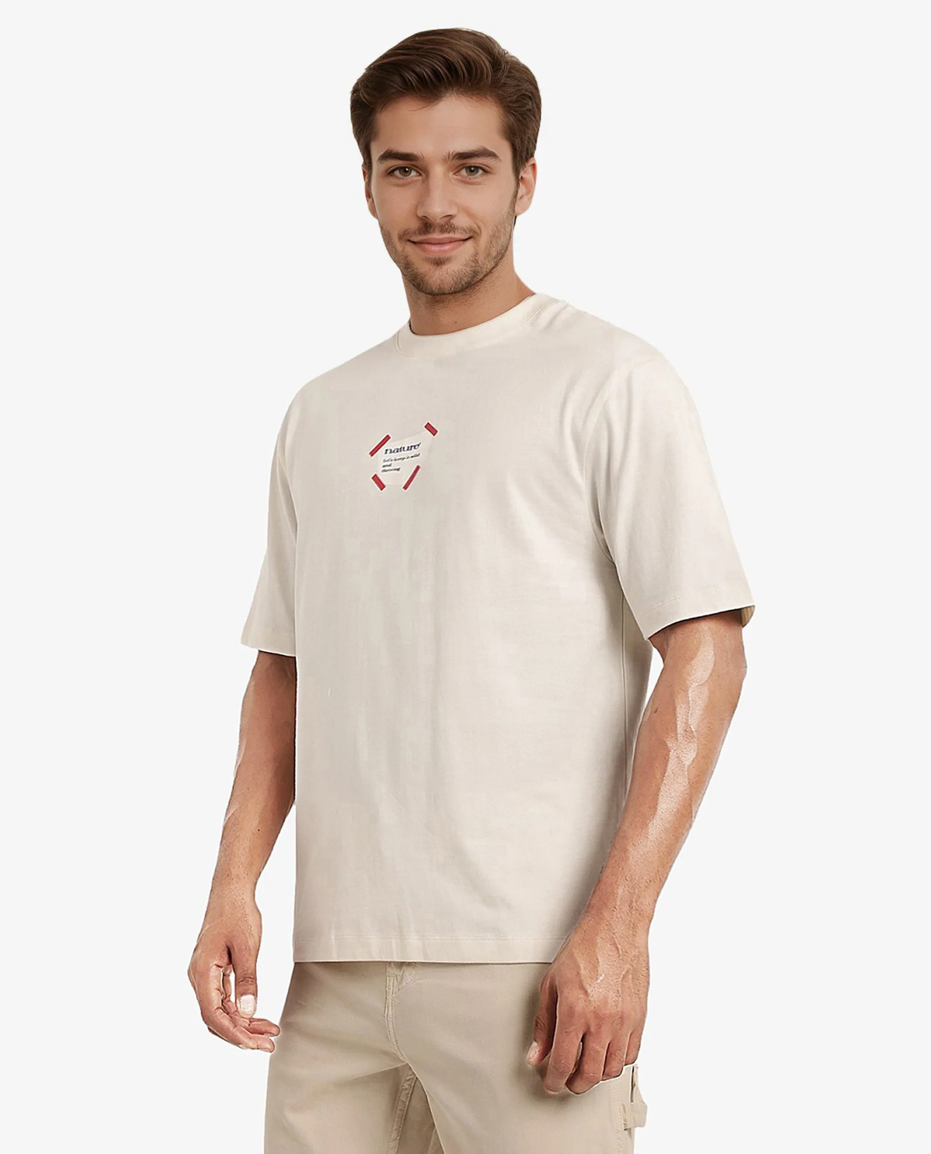 Rare Rabbit Men's Peta Off White Cotton Floral Print Oversized Fit Half Sleeve Crew Neck T-Shirt - Image 8
