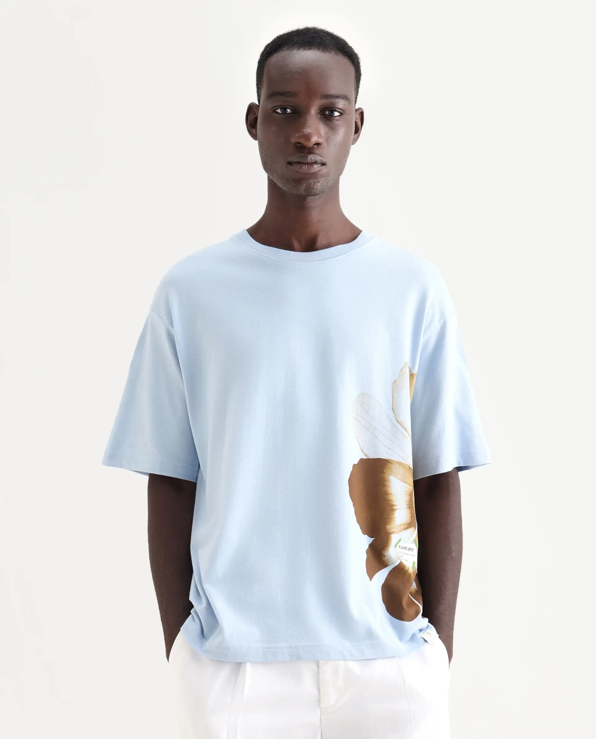 Rare Rabbit Men's Petas Light Blue Cotton Graphic Print Oversized Fit Half Sleeve Crew Neck T-Shirt - Image 4