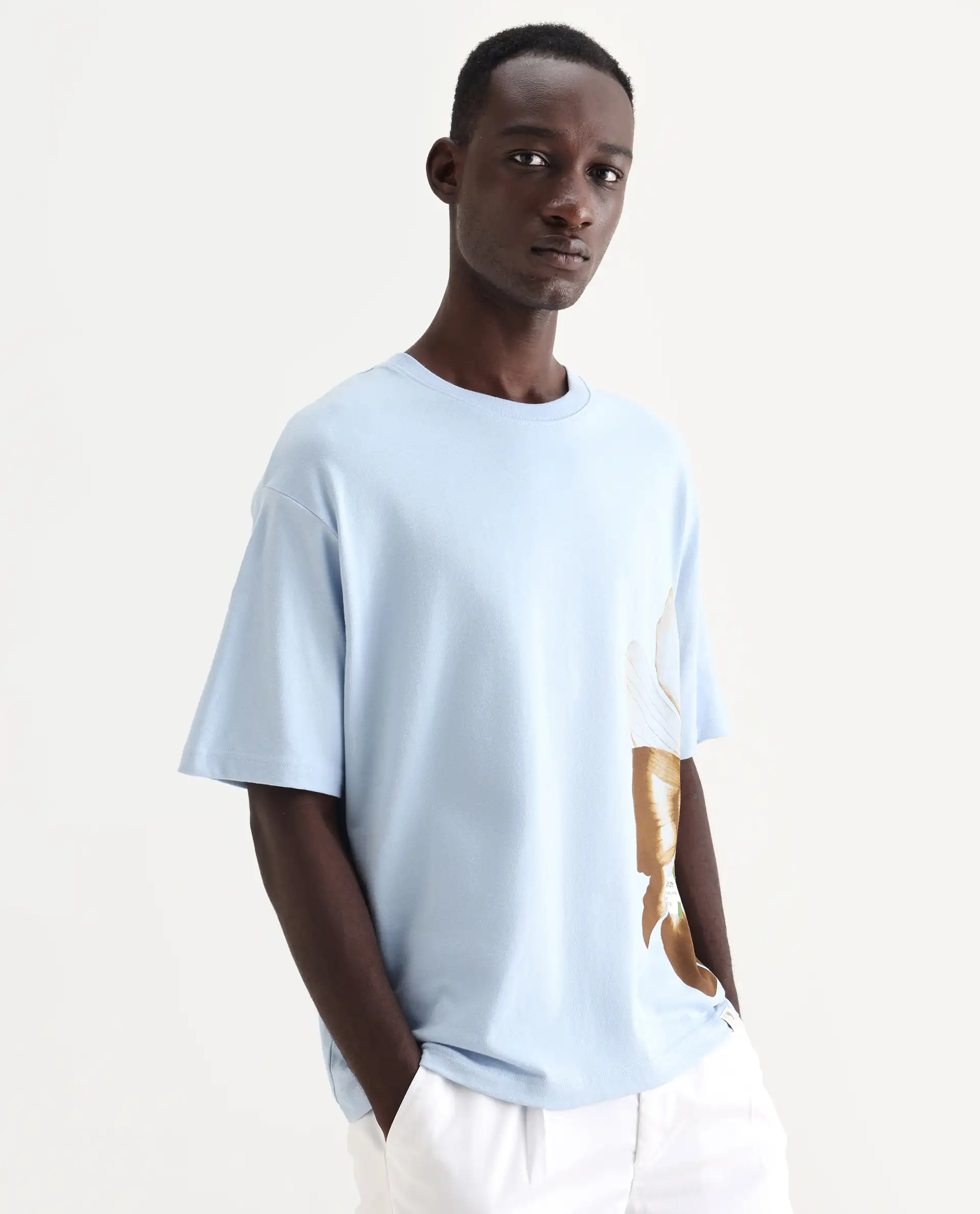Rare Rabbit Men's Petas Light Blue Cotton Graphic Print Oversized Fit Half Sleeve Crew Neck T-Shirt - Image 6