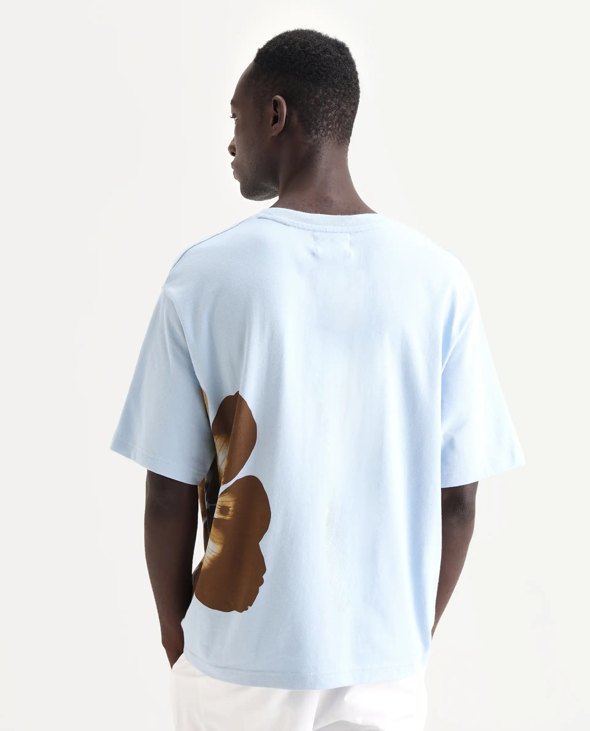 Rare Rabbit Men's Petas Light Blue Cotton Graphic Print Oversized Fit Half Sleeve Crew Neck T-Shirt - Image 7