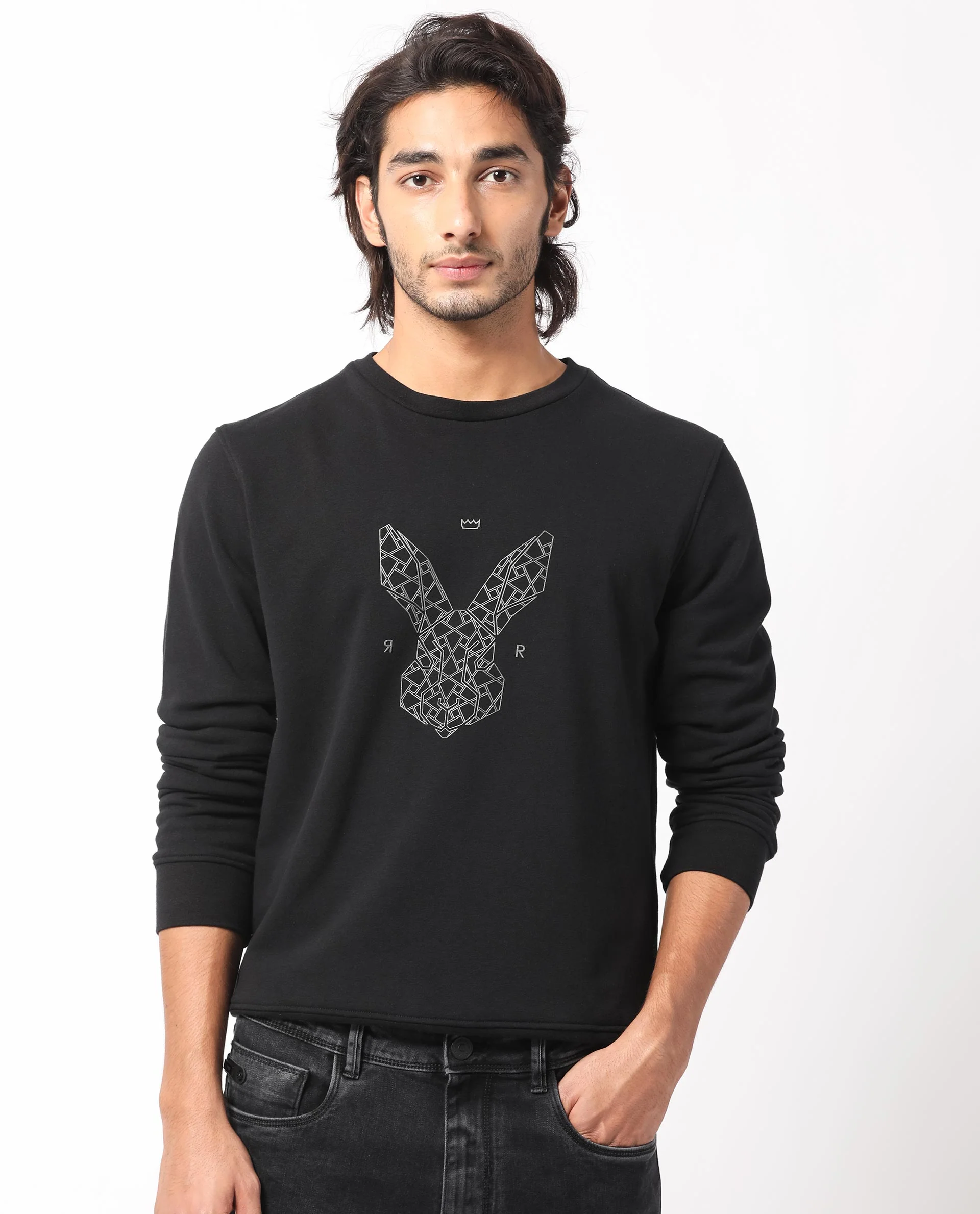Rare Rabbit Men's Petraa Black Cotton Graphic Print Relaxed Fit Full Sleeve Crew Neck Sweatshirt - Image 5