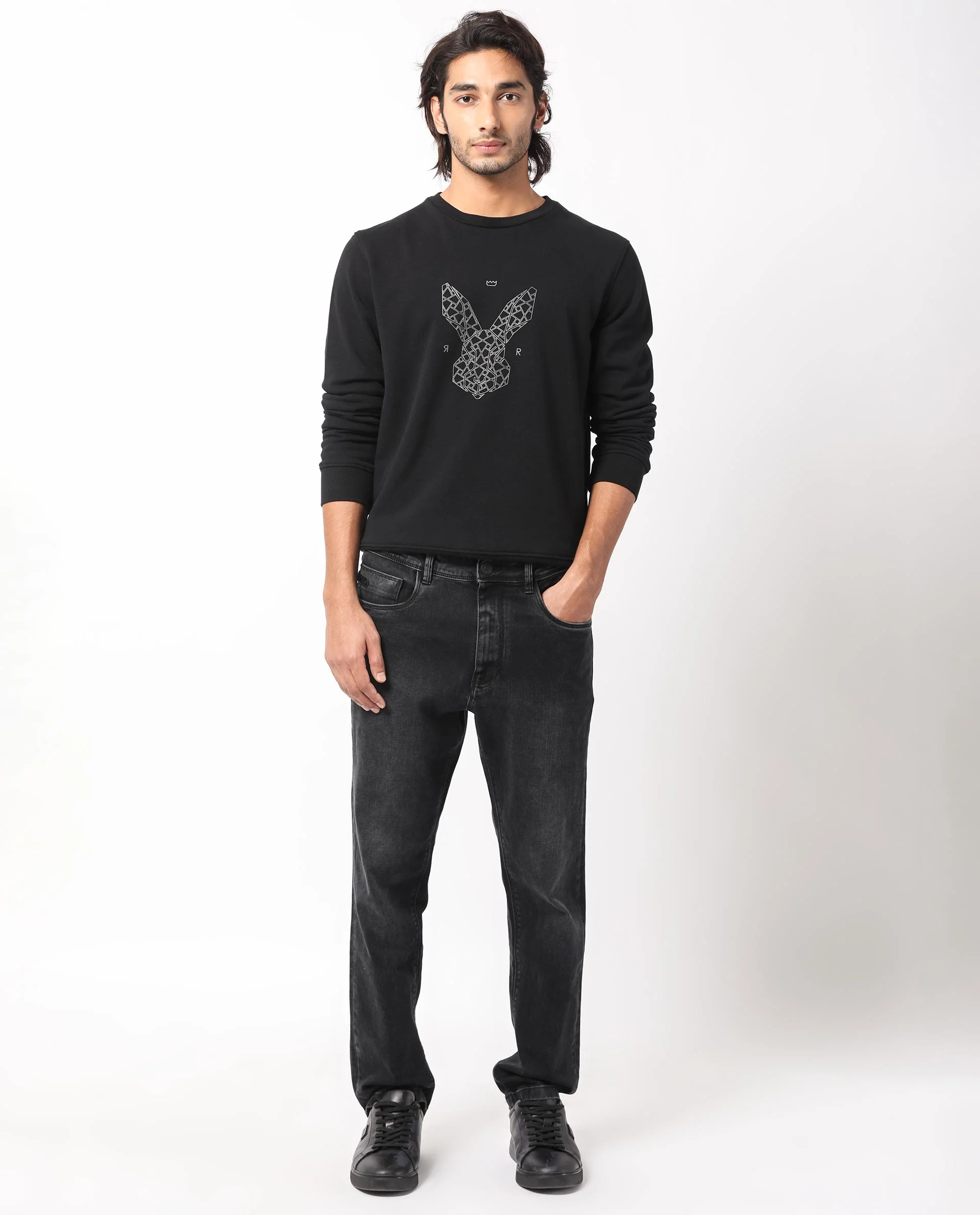 Rare Rabbit Men's Petraa Black Cotton Graphic Print Relaxed Fit Full Sleeve Crew Neck Sweatshirt - Image 6