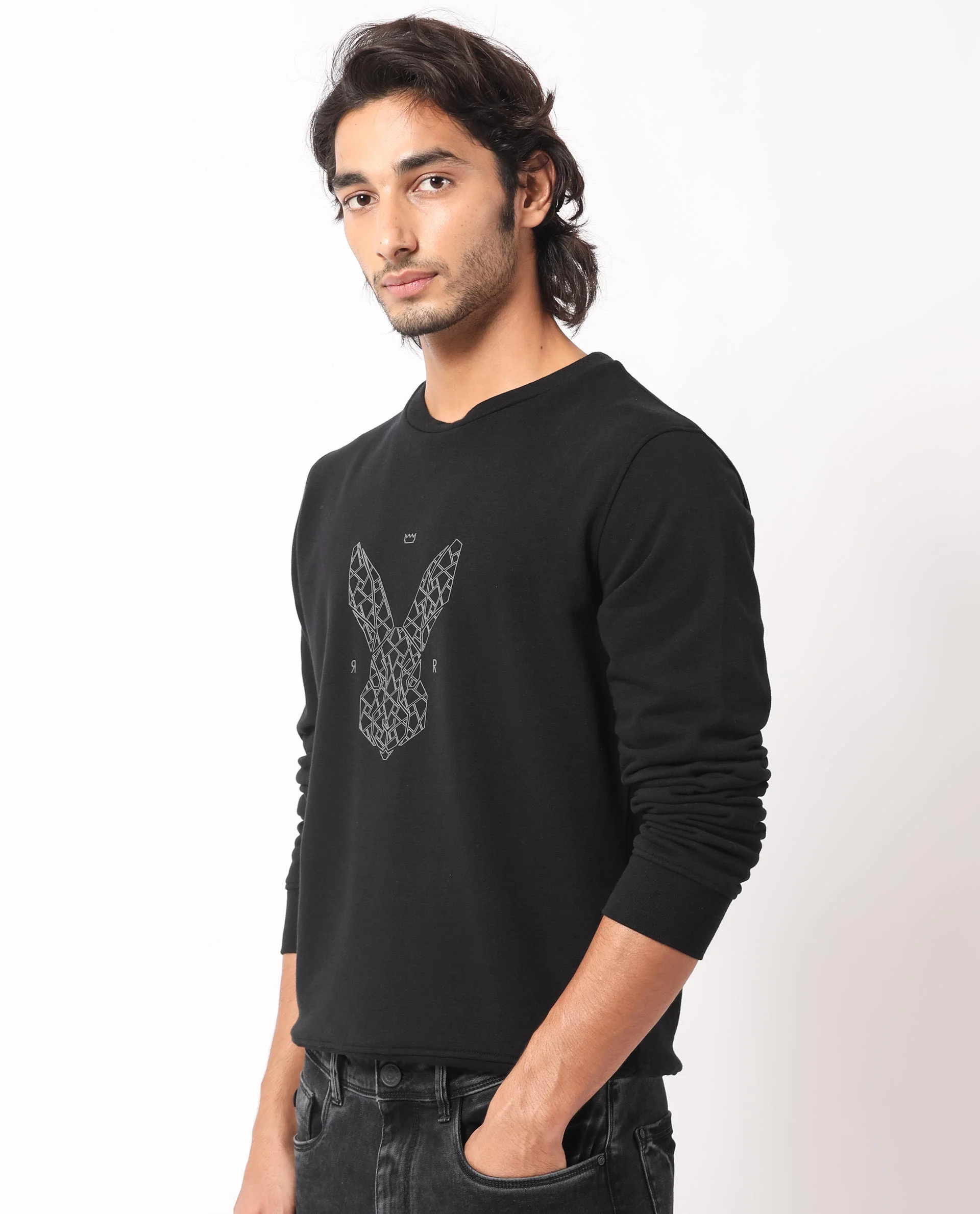 Rare Rabbit Men's Petraa Black Cotton Graphic Print Relaxed Fit Full Sleeve Crew Neck Sweatshirt - Image 8