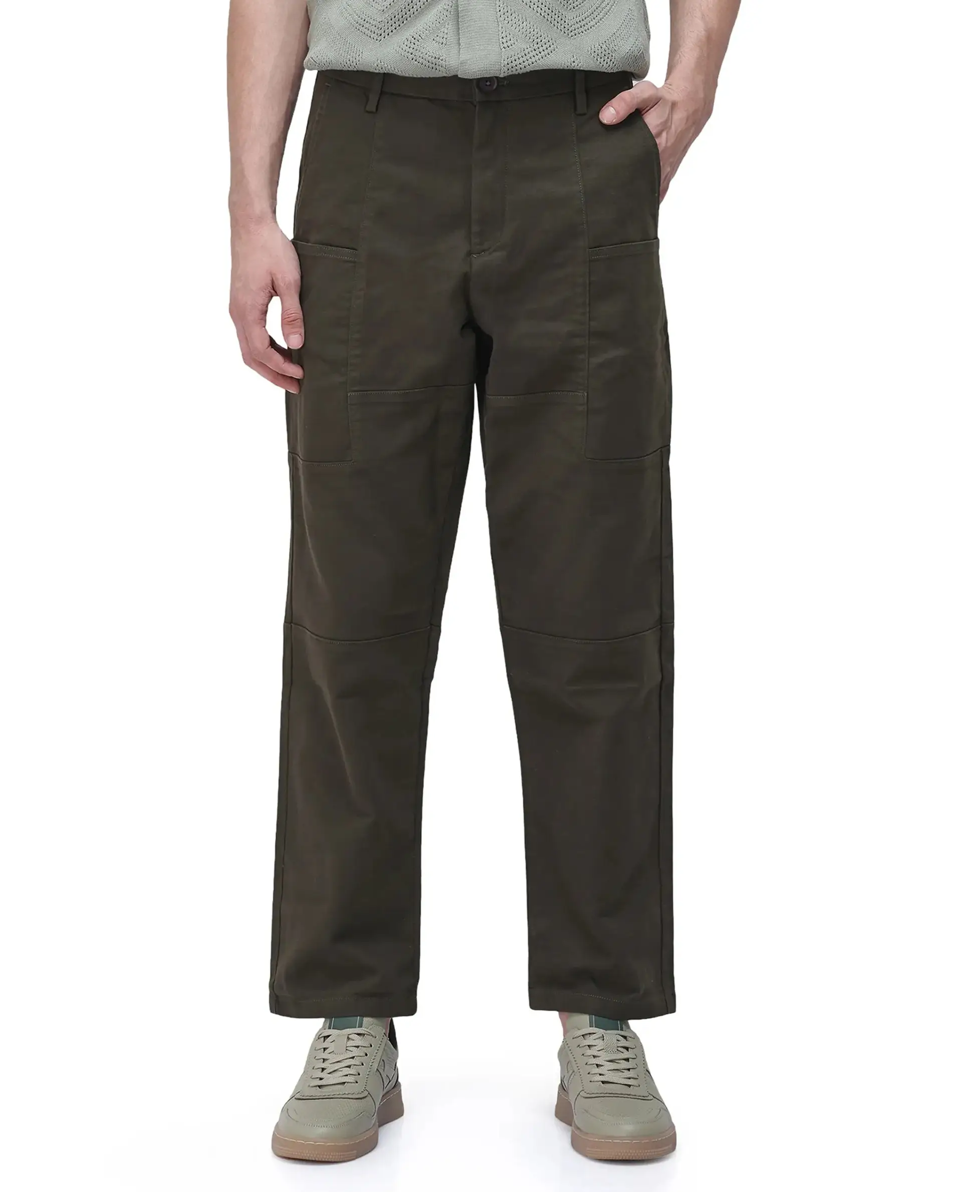 Rare Rabbit Men's Petro Dark Olive Cotton Plain Straight Fit Trouser - Image 10