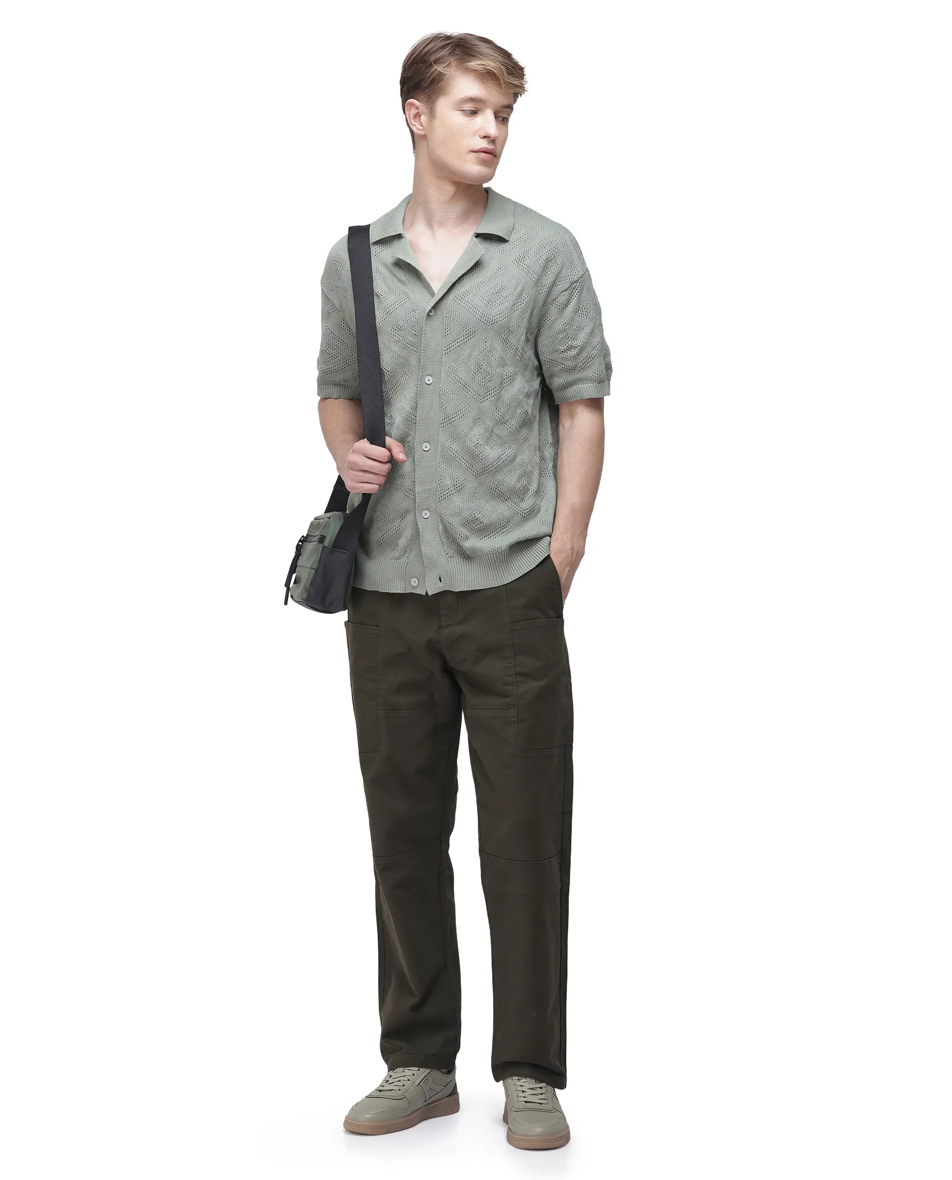 Rare Rabbit Men's Petro Dark Olive Cotton Plain Straight Fit Trouser - Image 2