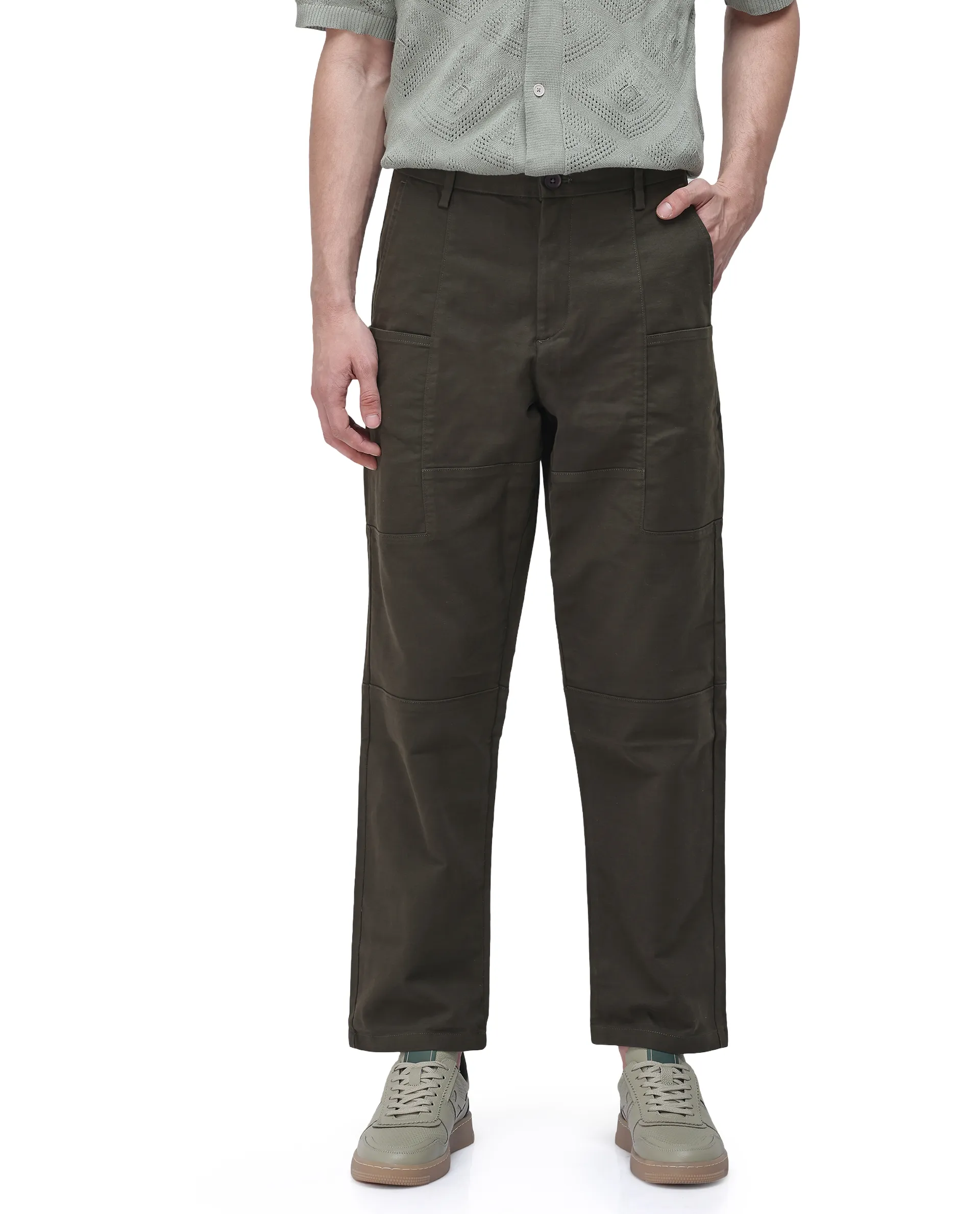 Rare Rabbit Men's Petro Dark Olive Cotton Plain Straight Fit Trouser - Image 5