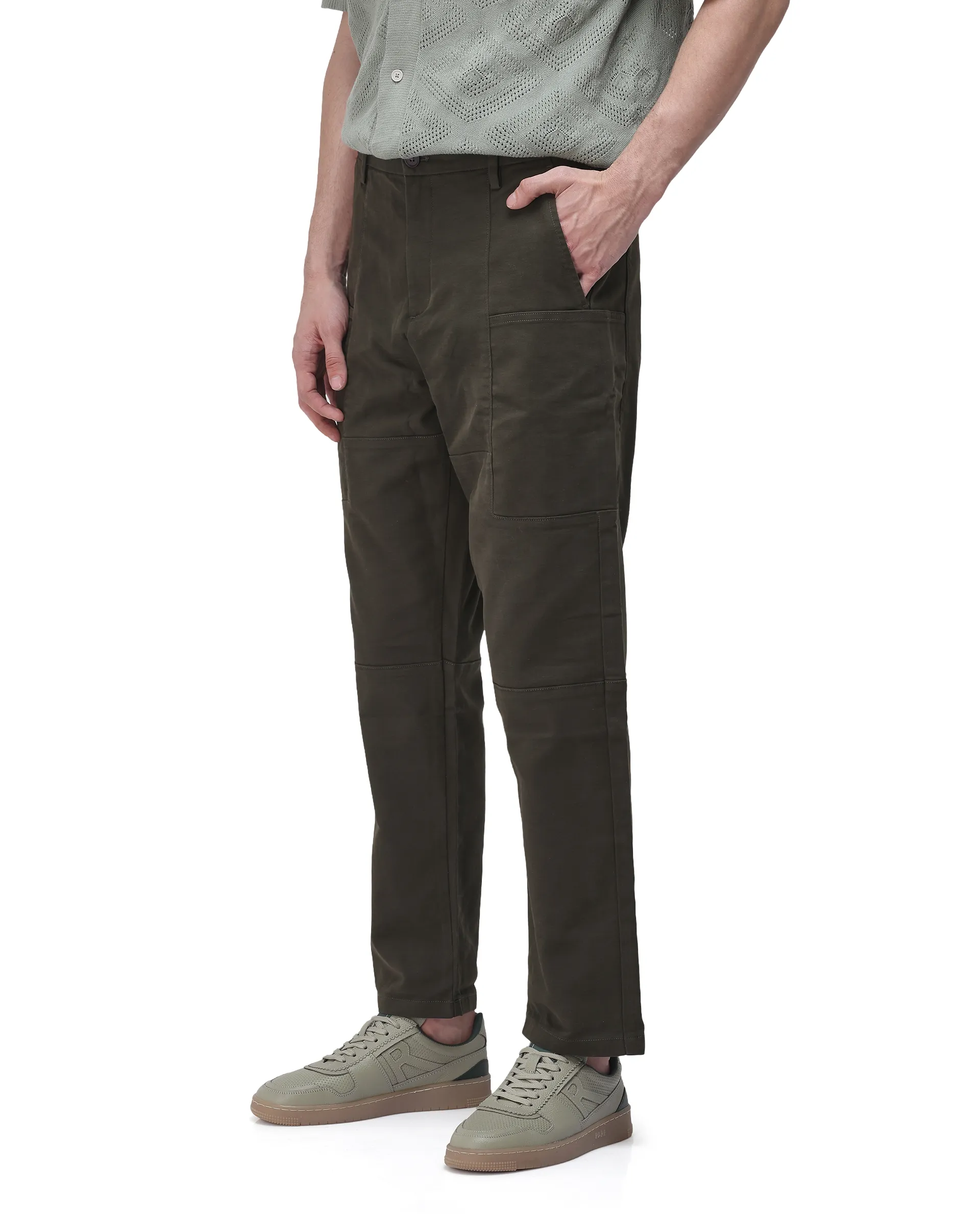 Rare Rabbit Men's Petro Dark Olive Cotton Plain Straight Fit Trouser - Image 7