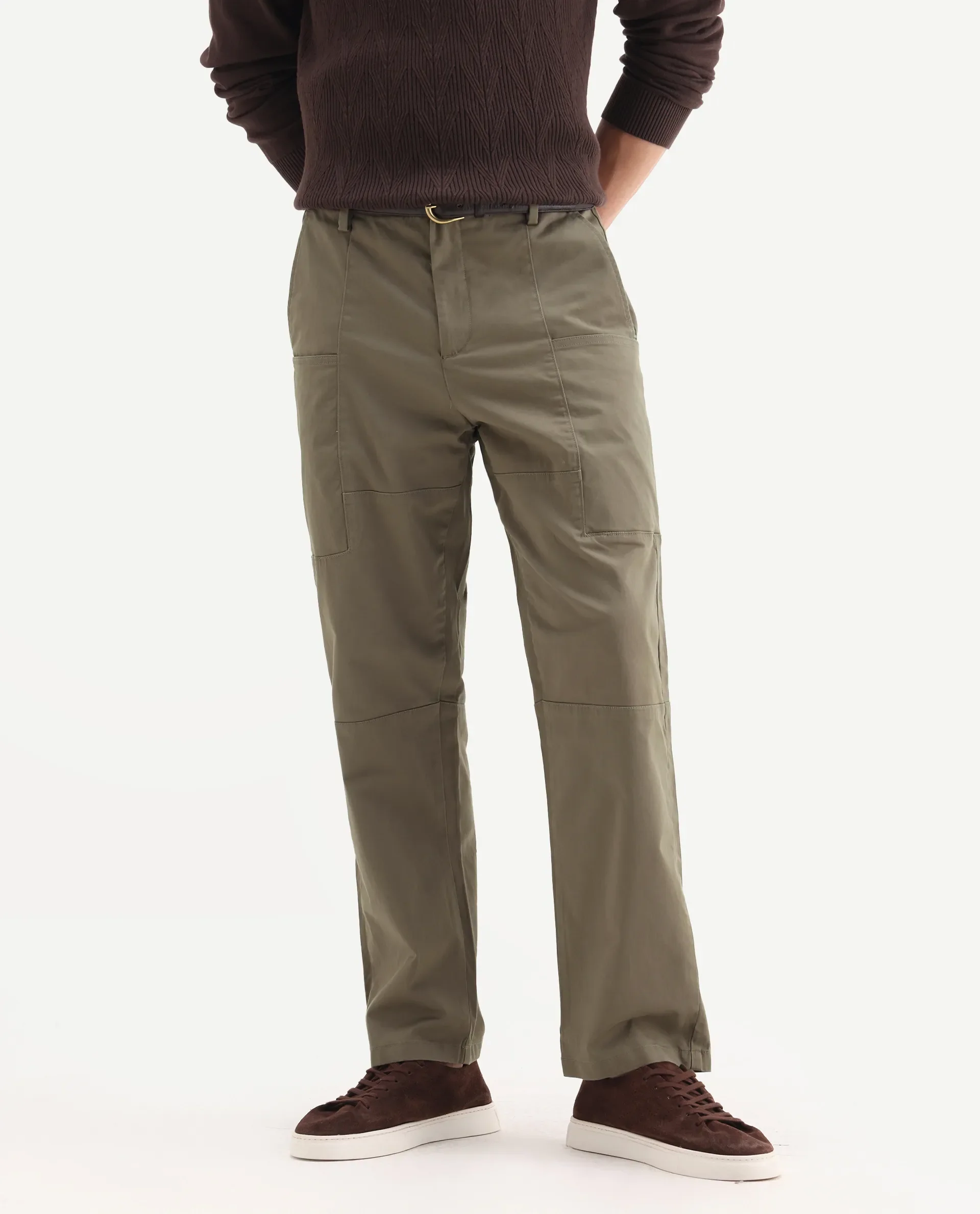Rare Rabbit Men's Petro Dusky Olive Cotton Plain Straight Fit Trouser - Image 2