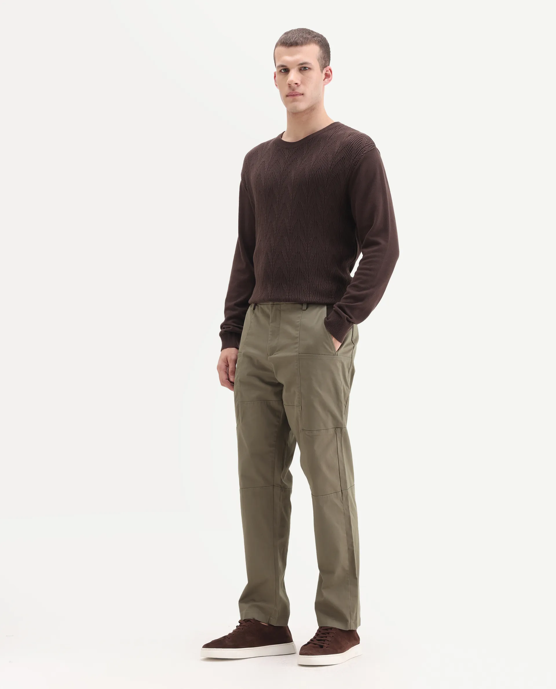 Rare Rabbit Men's Petro Dusky Olive Cotton Plain Straight Fit Trouser - Image 4